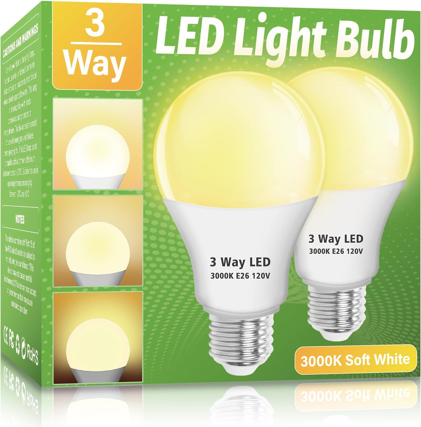 Wiyifada Paquete de 2 bombillas LED de 3 vías, equivalente a 30, 70, 100 W, color blanco suave de 3000 K, base E26, bombillas de 3 vías para lectura