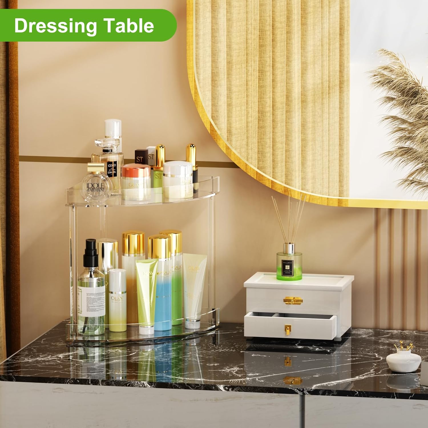 Organizador de encimera de baño de 2 niveles, organizador de esquina de encimera de baño acrílico, estante de almacenamiento transparente, bandejas