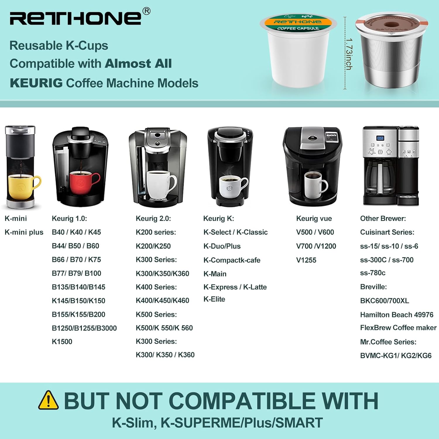 RETHONE K Cup Cápsulas de café reutilizables compatibles con cafeteras Keurig 1.0 y 2.0, cafeteras K Cups reutilizables universales de acero