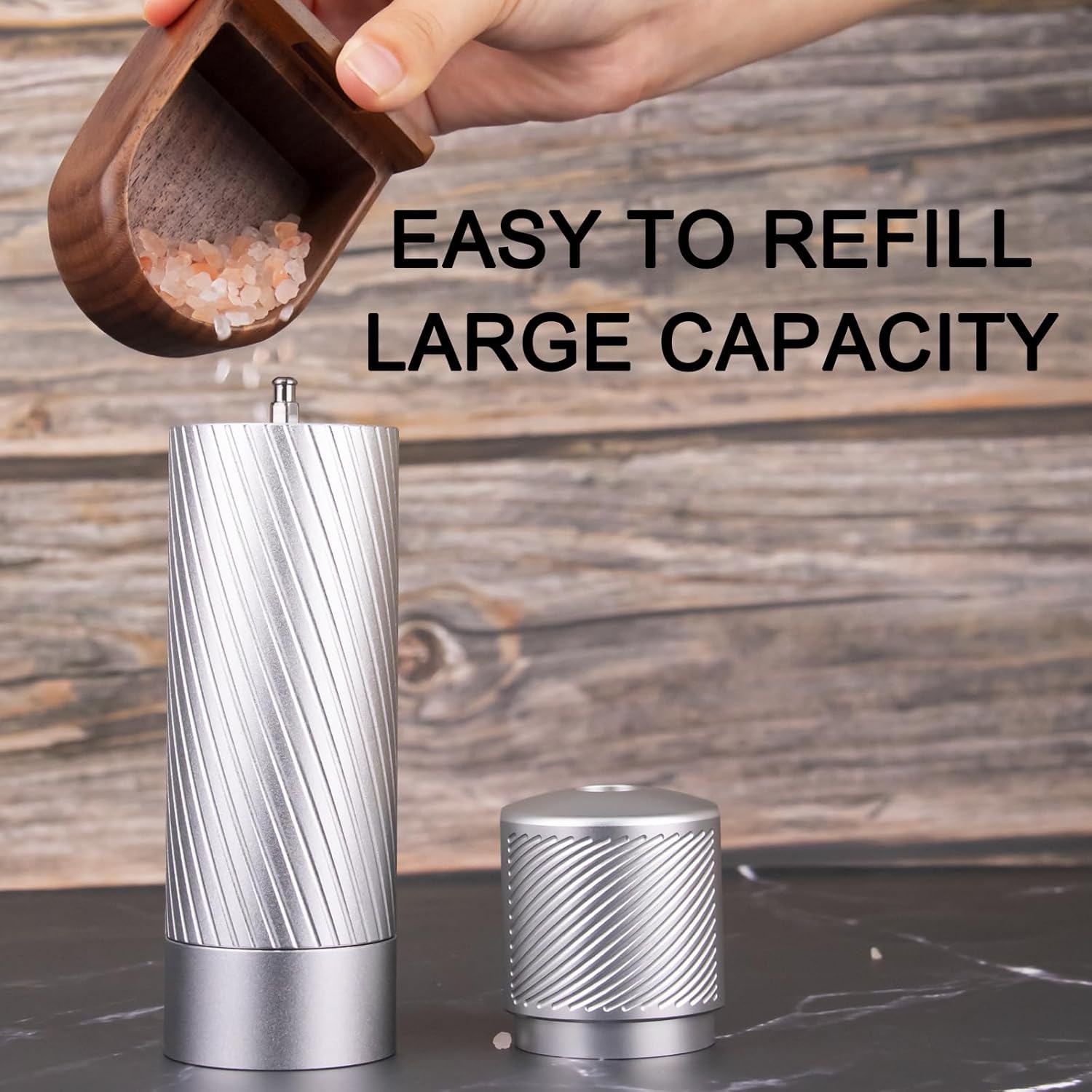 Molinillo de sal de grado profesional, molino de sal resistente, molino de sal manual de aluminio recargable con grosor ajustable y hoja de cerámica