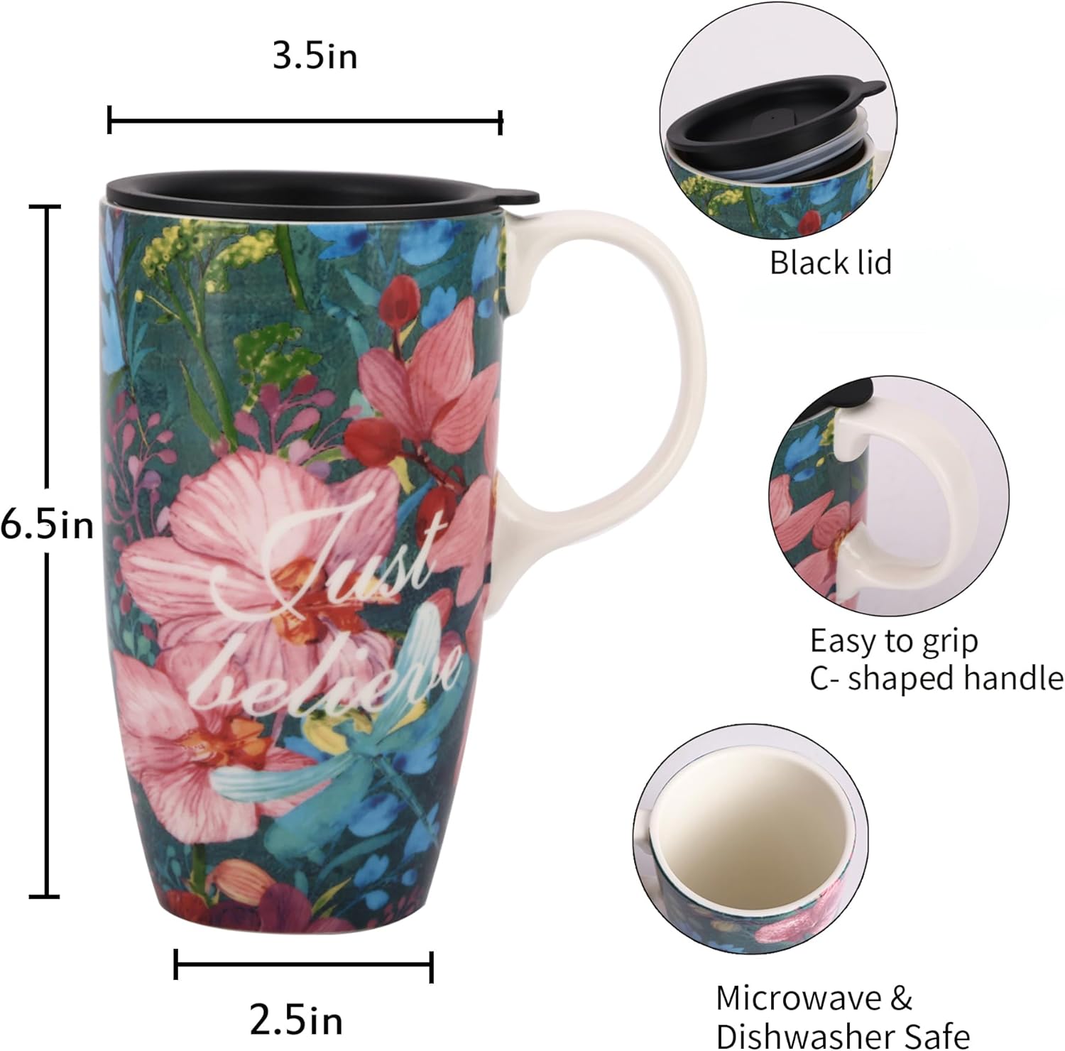 DUSVALLY Taza de cerámica grande taza de café alta tazas de viaje taza de té con leche de porcelana con tapa y caja de color 17oz, simplemente cree,