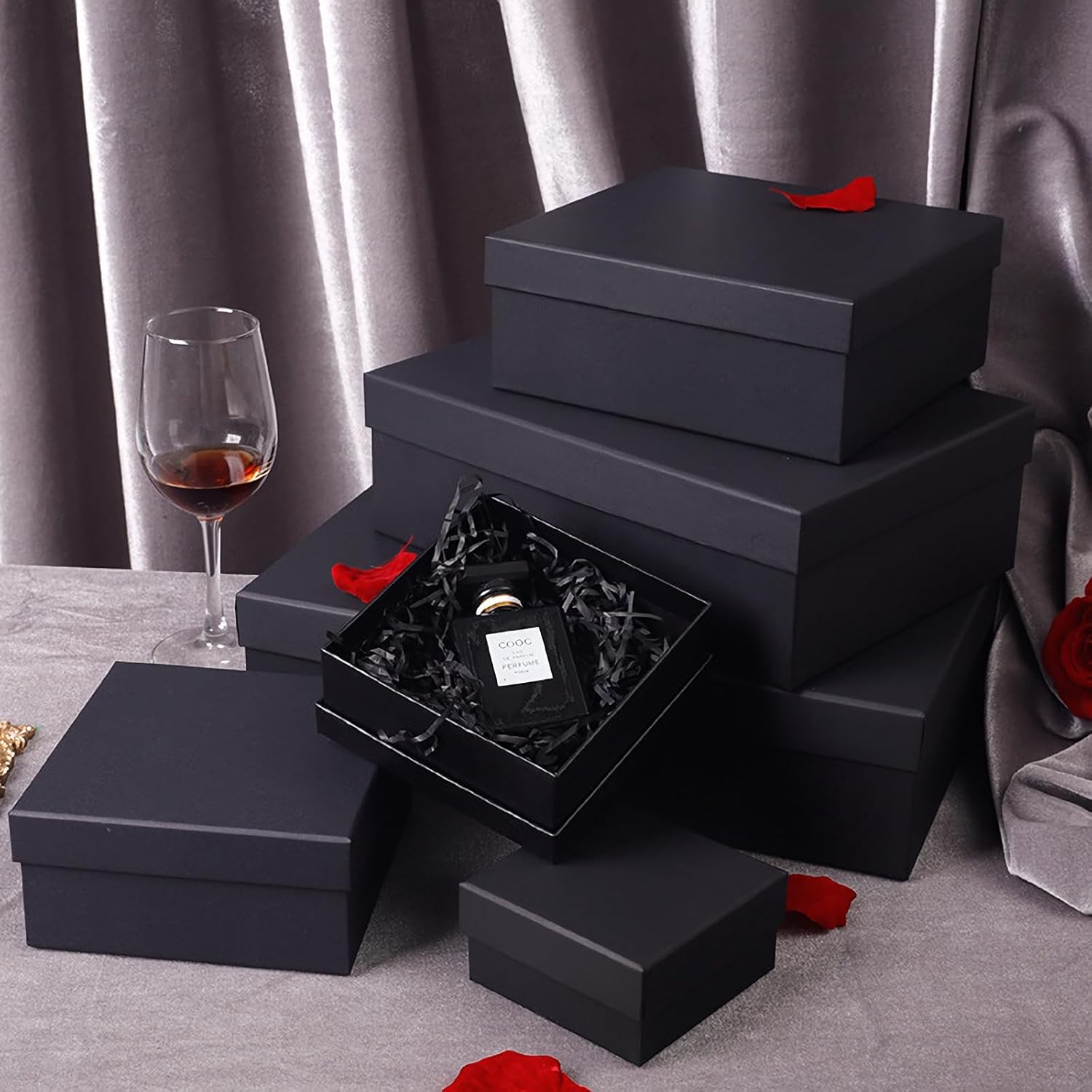 Cajas de regalo negras, un juego de 5 cajas de regalo con tapas para regalos, cajas preenvueltas para regalos, caja de regalo resistente para