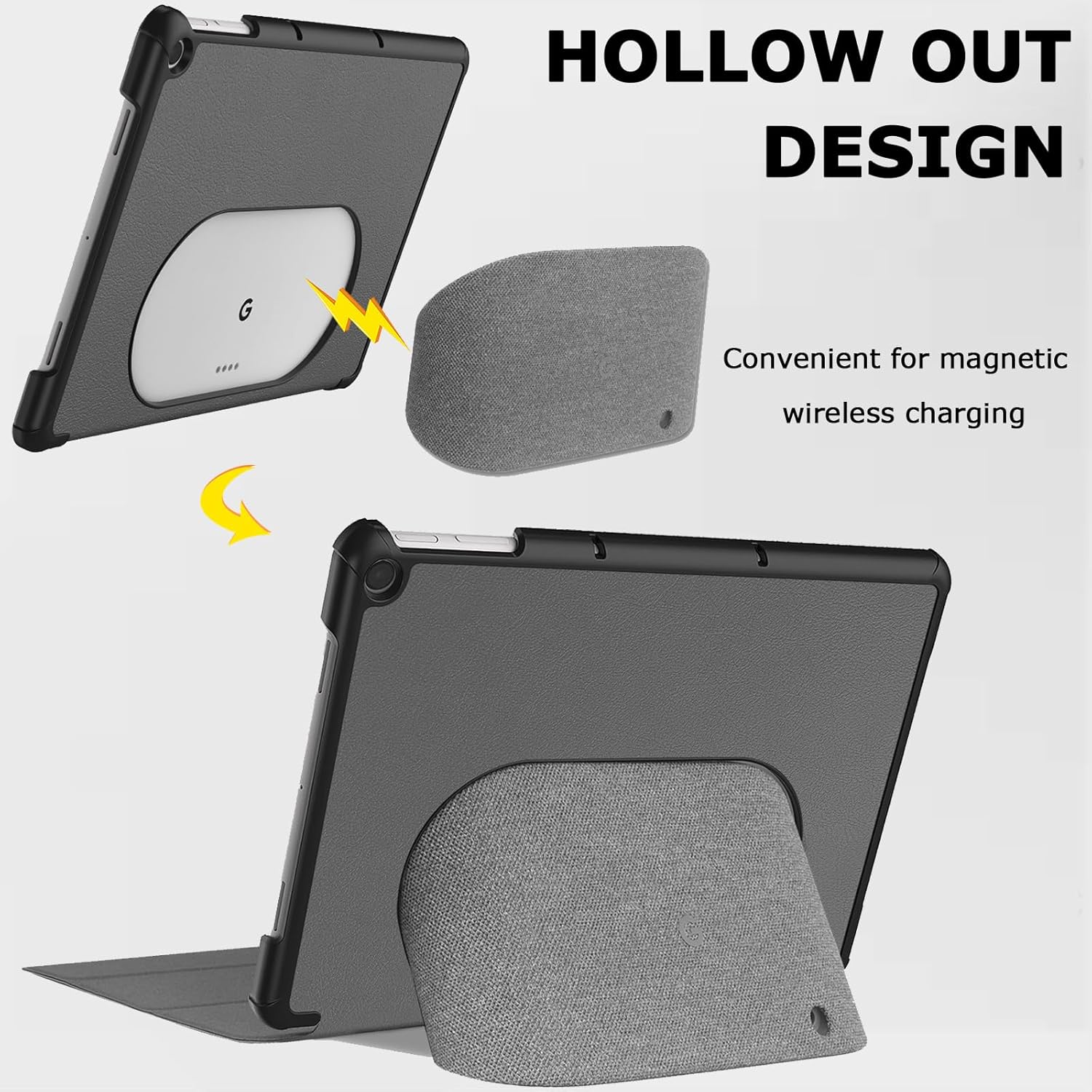 NINKI Google Pixel – Funda y soporte para tablet, múltiples ángulos de visión, policarbonato duro + protección trasera de piel sintética, color gris