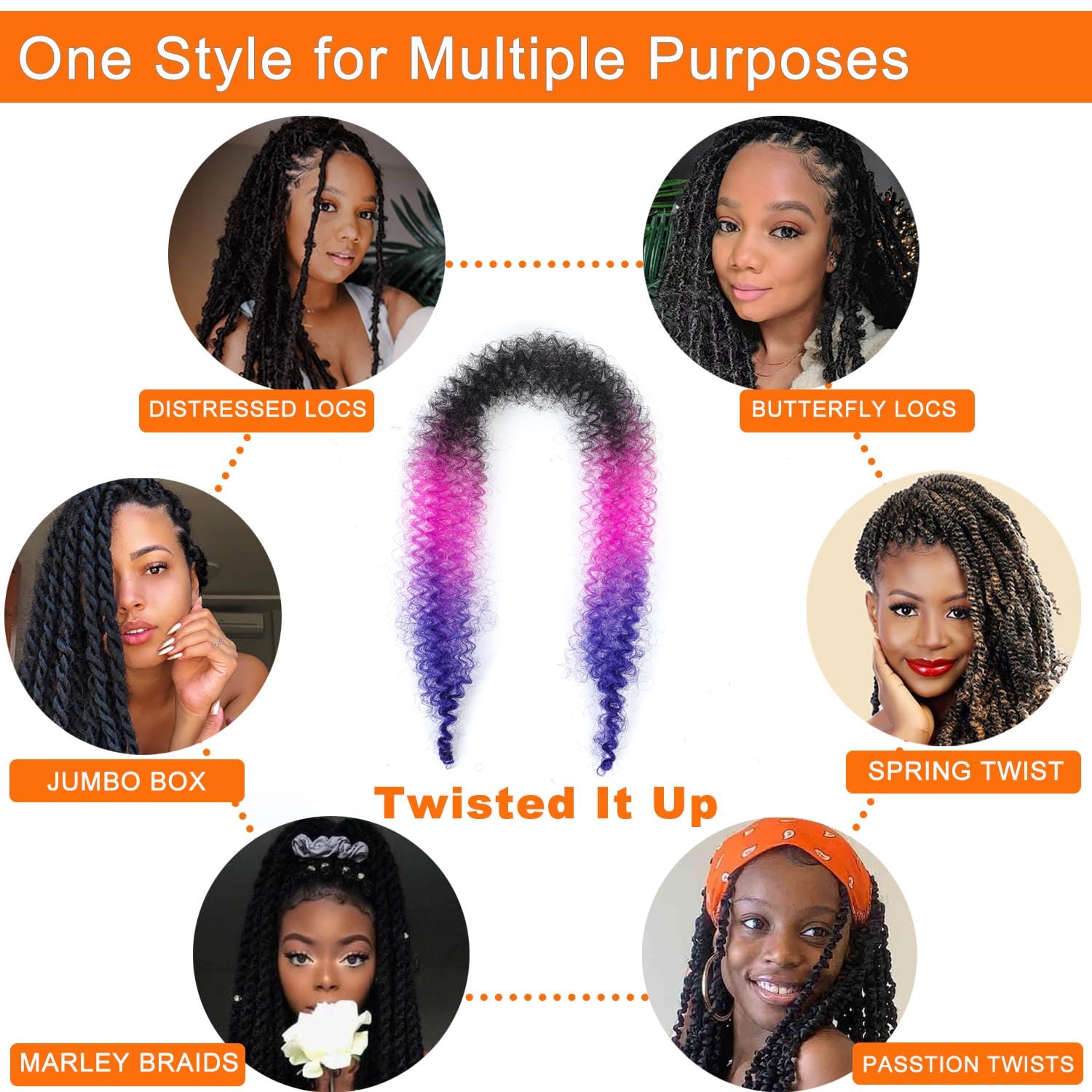 Cabello afro Twist de 24 pulgadas, negro, morado, azul, 3 paquetes de extensiones de cabello trenzado con resorte afro elástico (24 pulgadas, 3