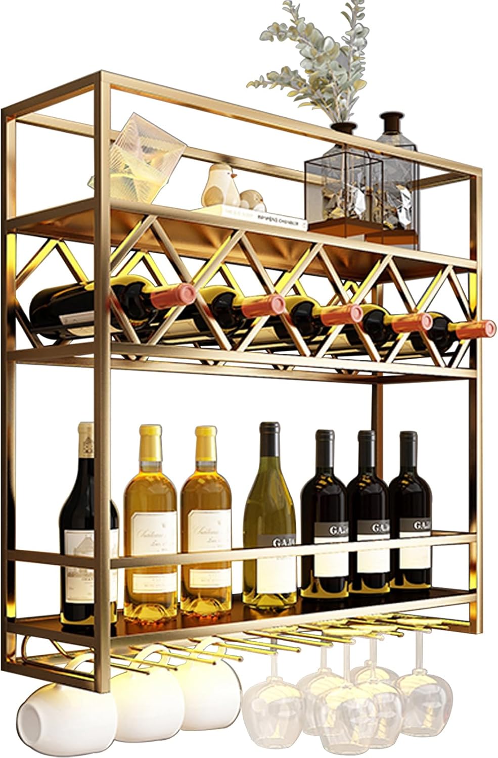 Estante para vino montado en la pared, 3 capas de pared para almacenamiento, soporte de vino montado en la pared para botellas de vino para el