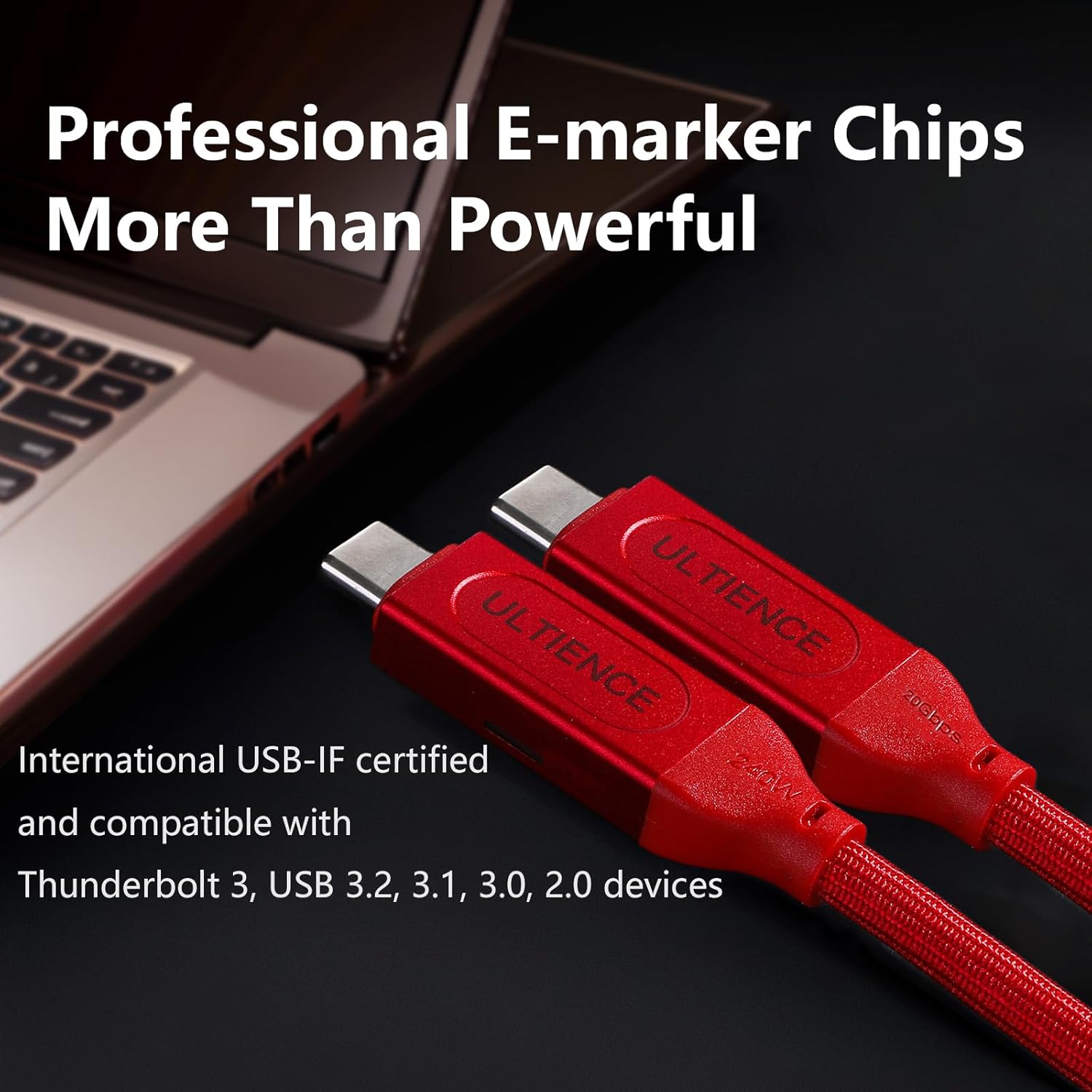 Cable USB-C a USB-C de 240 W de carga rápida, compatible con monitor Thunderbolt 3USB4PD8K, cable trenzado de 4.9 pies con indicador LED