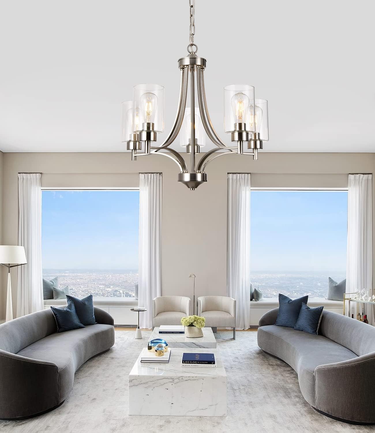 BOZO Moderno candelabro de 5 luces de níquel cepillado para comedor con pantalla de vidrio transparente colgante de techo para cocina pasillo