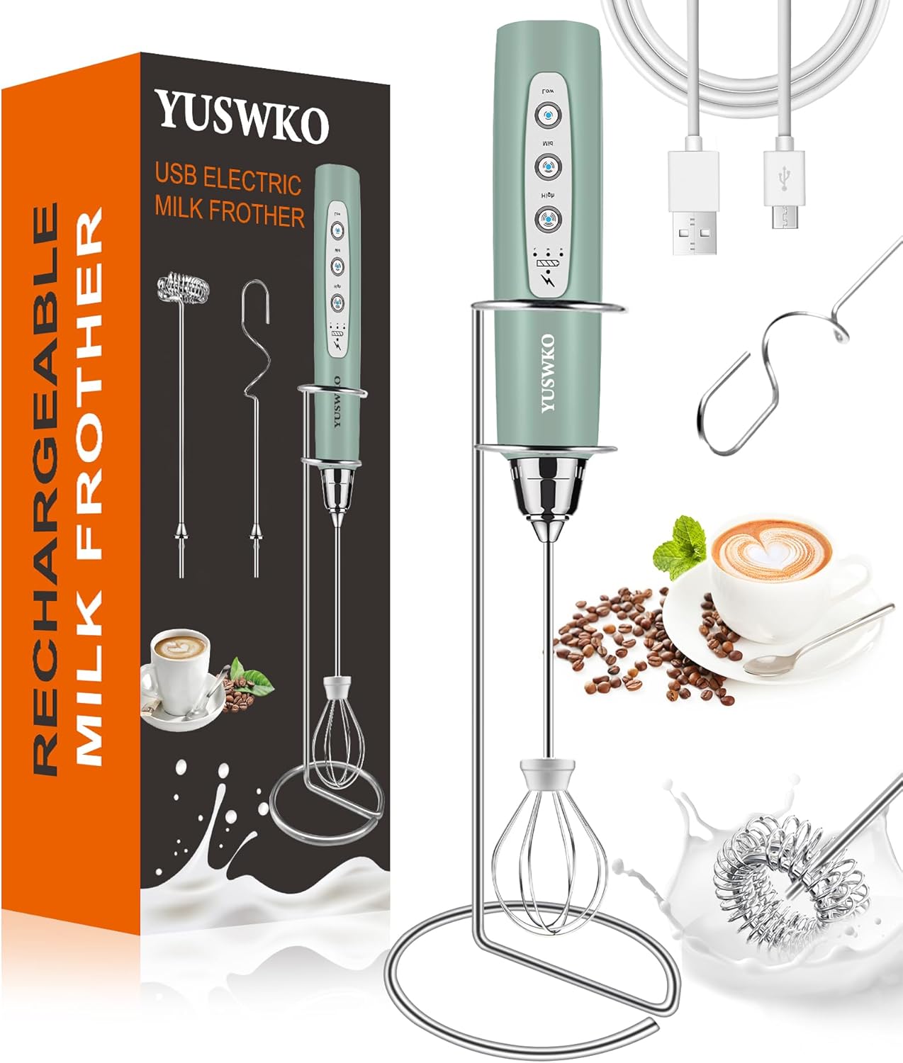 YUSWKO Espumador de leche recargable para café con soporte, mezclador de bebidas de mano con 3 cabezales, 3 velocidades, agitadores eléctricos para