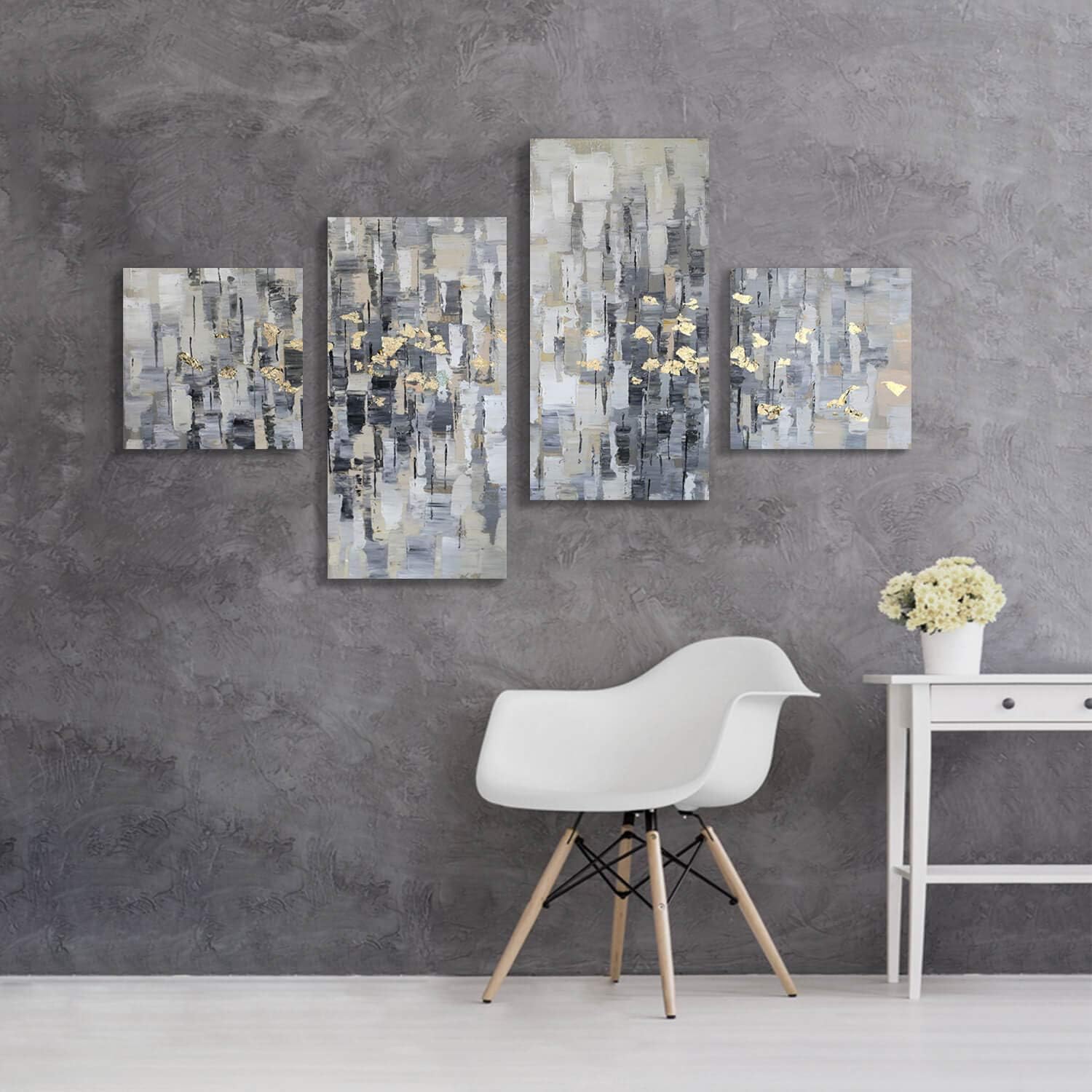 ARTISTIC PATH Lienzo abstracto para la pared obra de arte gris, pintura dorada para sala de estar, oficina (total 64 pulgadas de ancho x 39 pulgadas