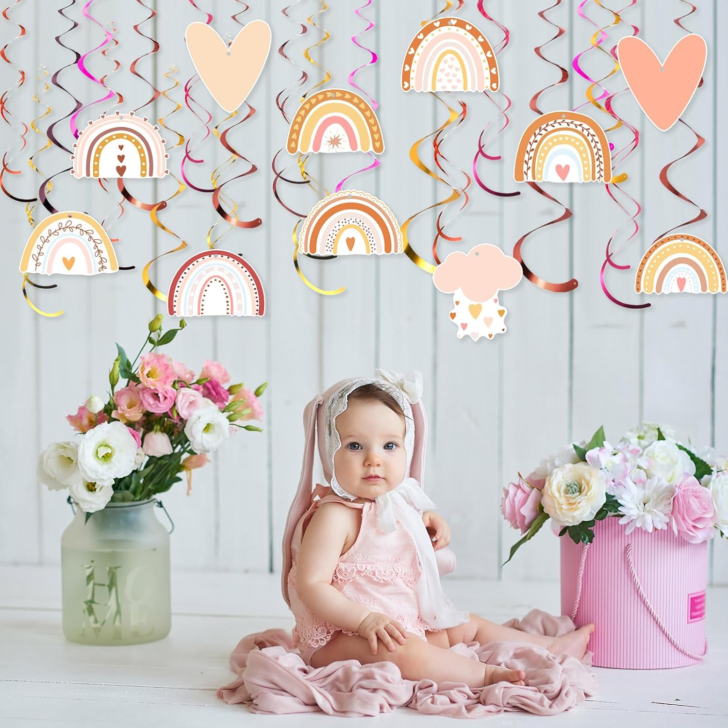 52 piezas de decoraciones de fiesta de arco iris colgantes de remolino para fiesta de cumpleaños, decoración bohemia de baby shower para aula,