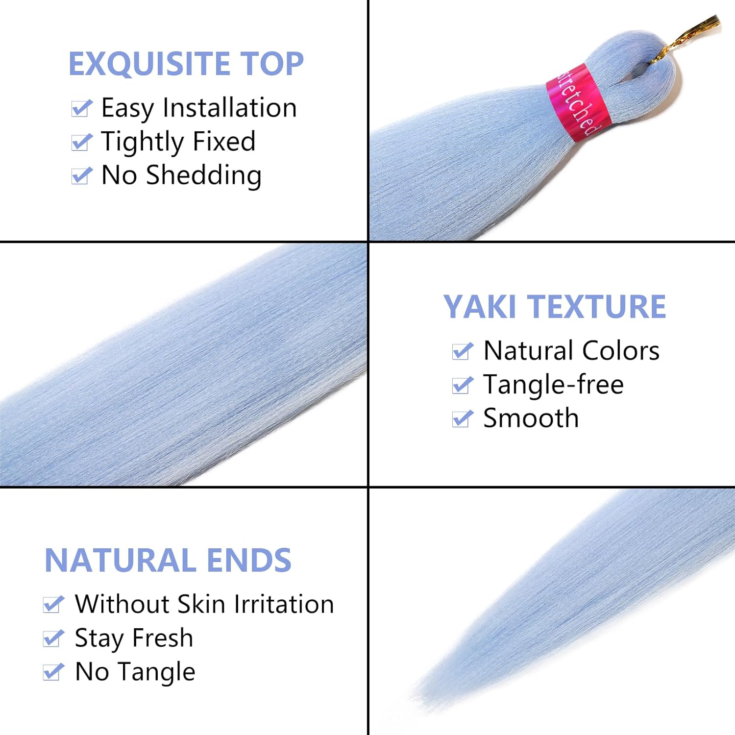Cabello trenzado de color azul bebé preestirado de 26 pulgadas, extensiones de cabello trenzado Kanekalon, 3 paquetes de trenzas de pelo de fibra