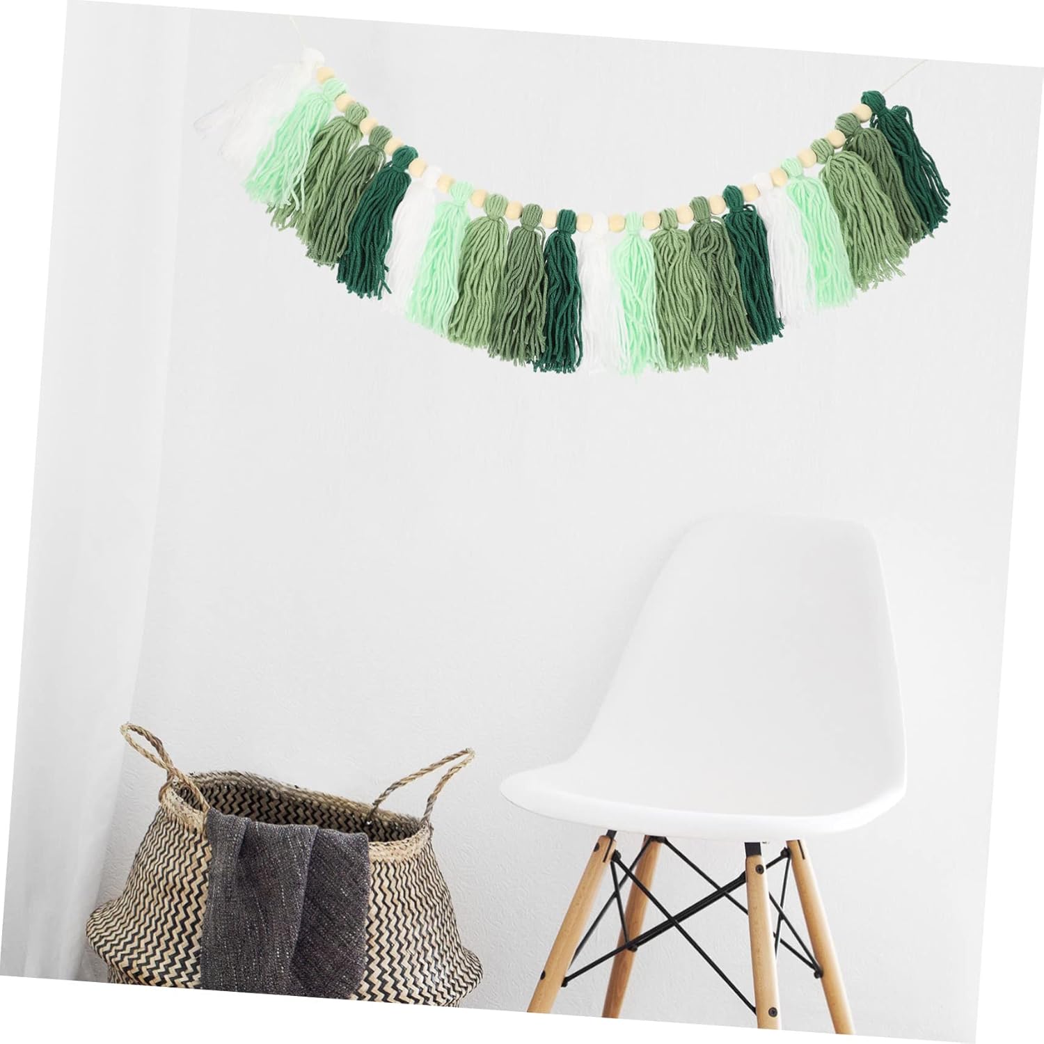 Tapiz de hilo de algodón con cuentas de madera, hilo de macramé, decoración para colgar en la pared, decoración de cuentas de madera, guirnaldas de