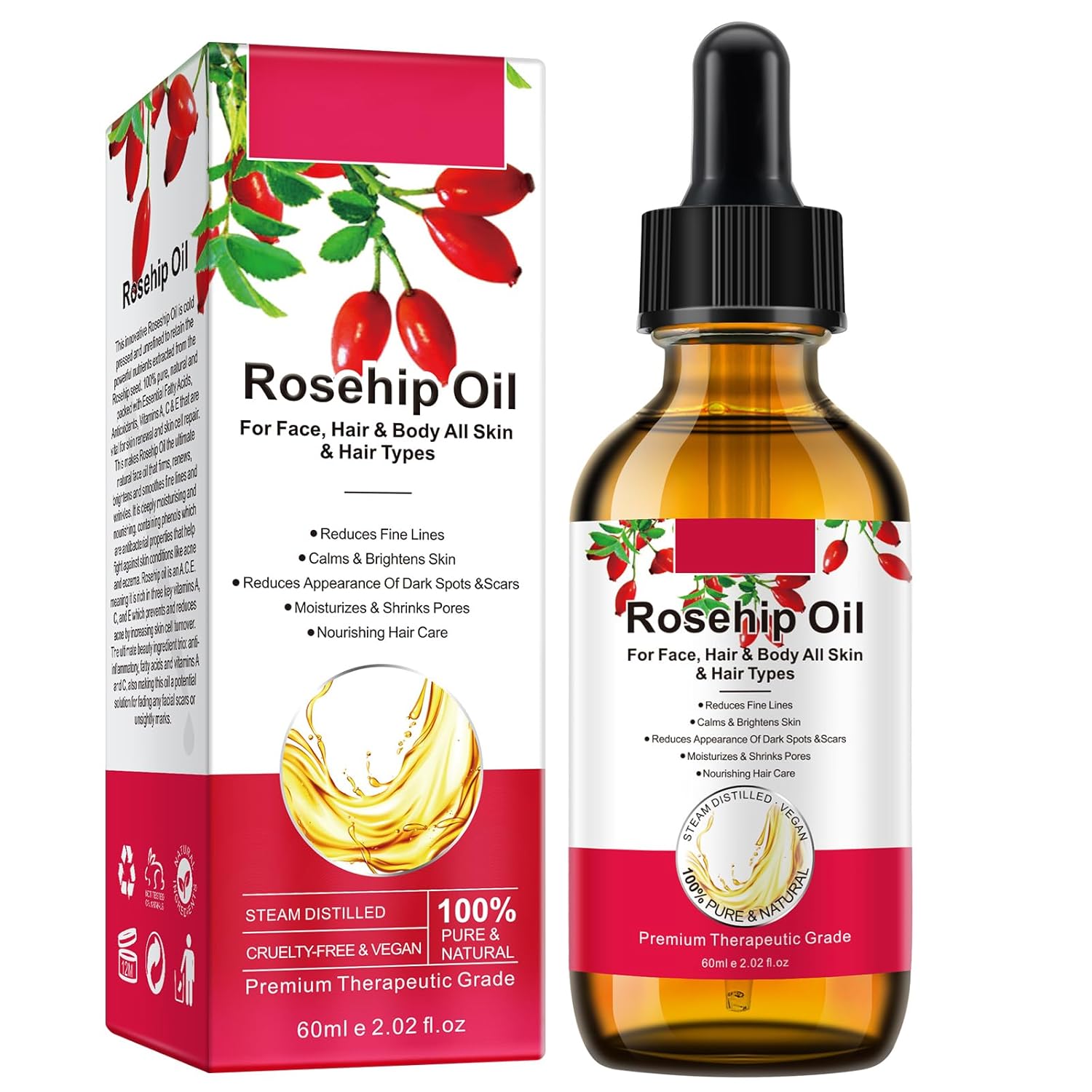 Aceite de rosa mosqueta de 2.1 fl oz para cara, aceite de semilla de rosa mosqueta orgánico para la piel, aceite esencial de rosa mosqueta, aceite