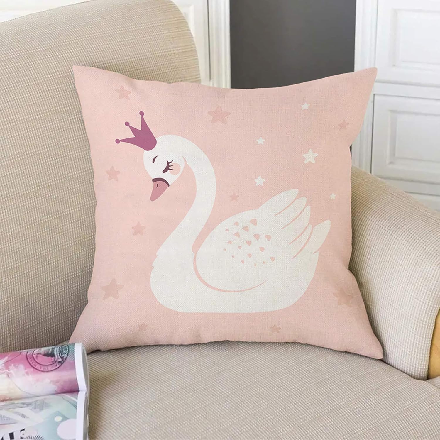 Fundas de almohada para sofá, linda princesa cisne, caricatura, cama o sofá, funda de almohada de corona de bebé, color pastel, Queen, dulce,