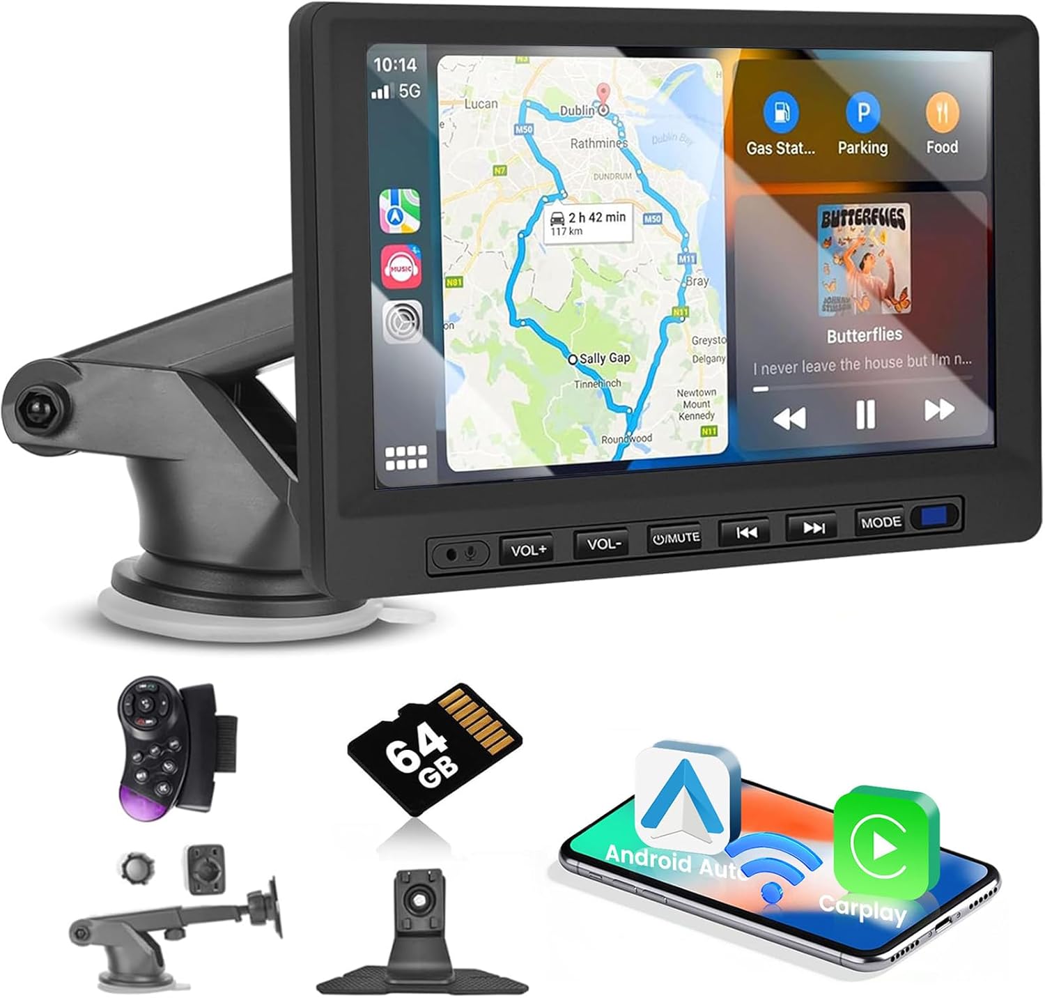 Inefala Estéreo portátil inalámbrico para automóvil Apple CarPlay de 7 pulgadas, soporte para tablero CarPlay con Android Auto, pantalla táctil Full