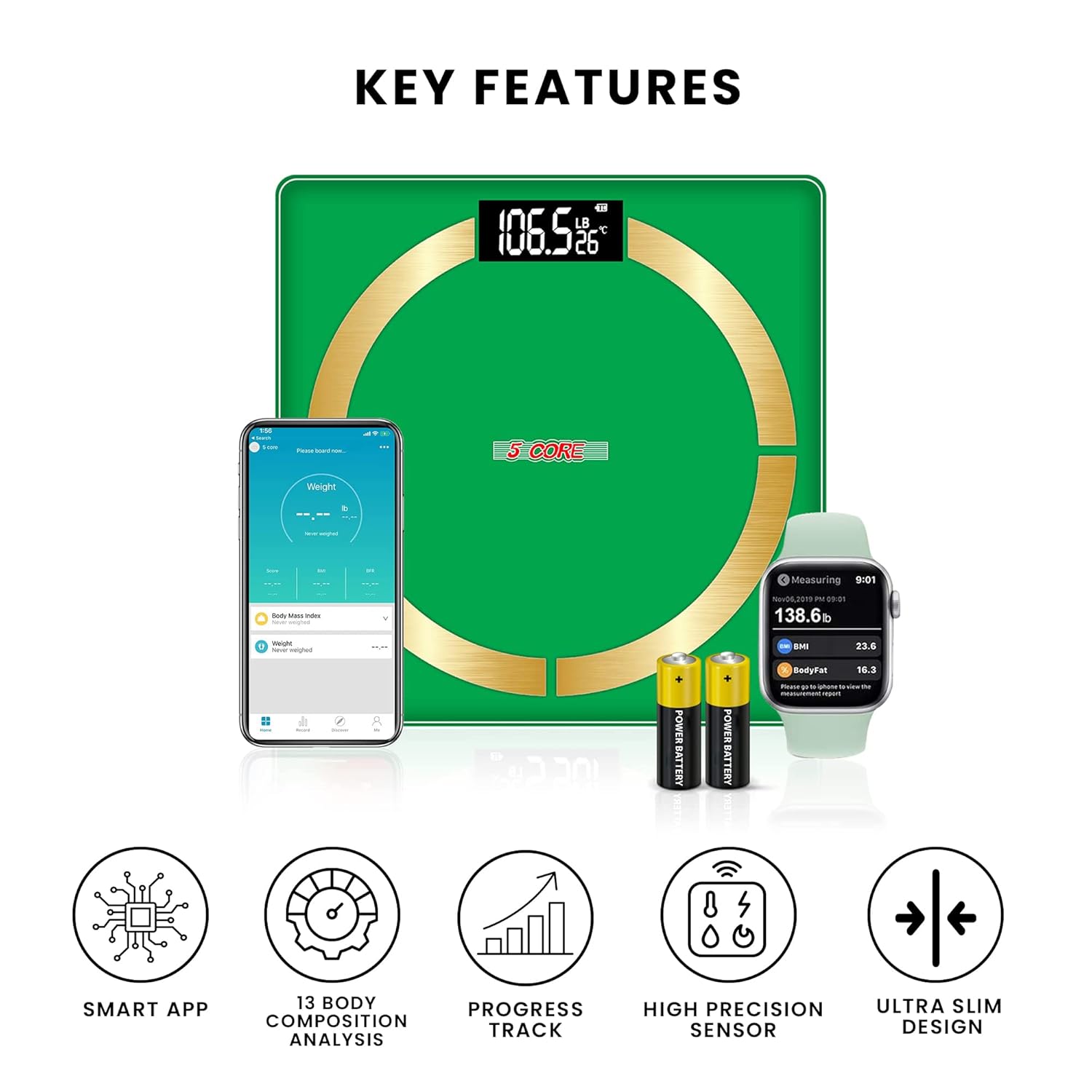 5 Core Báscula digital inteligente para baño con grasa corporal y peso de agua para personas, máquina analizadora electrónica de cuerpo con