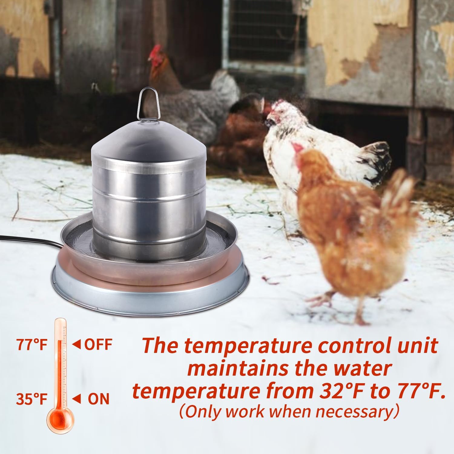Calentador de agua de pollo de 15 pulgadas, base grande de agua para aves de corral calentada de 125 vatios para 5 galones, con termostato y cable