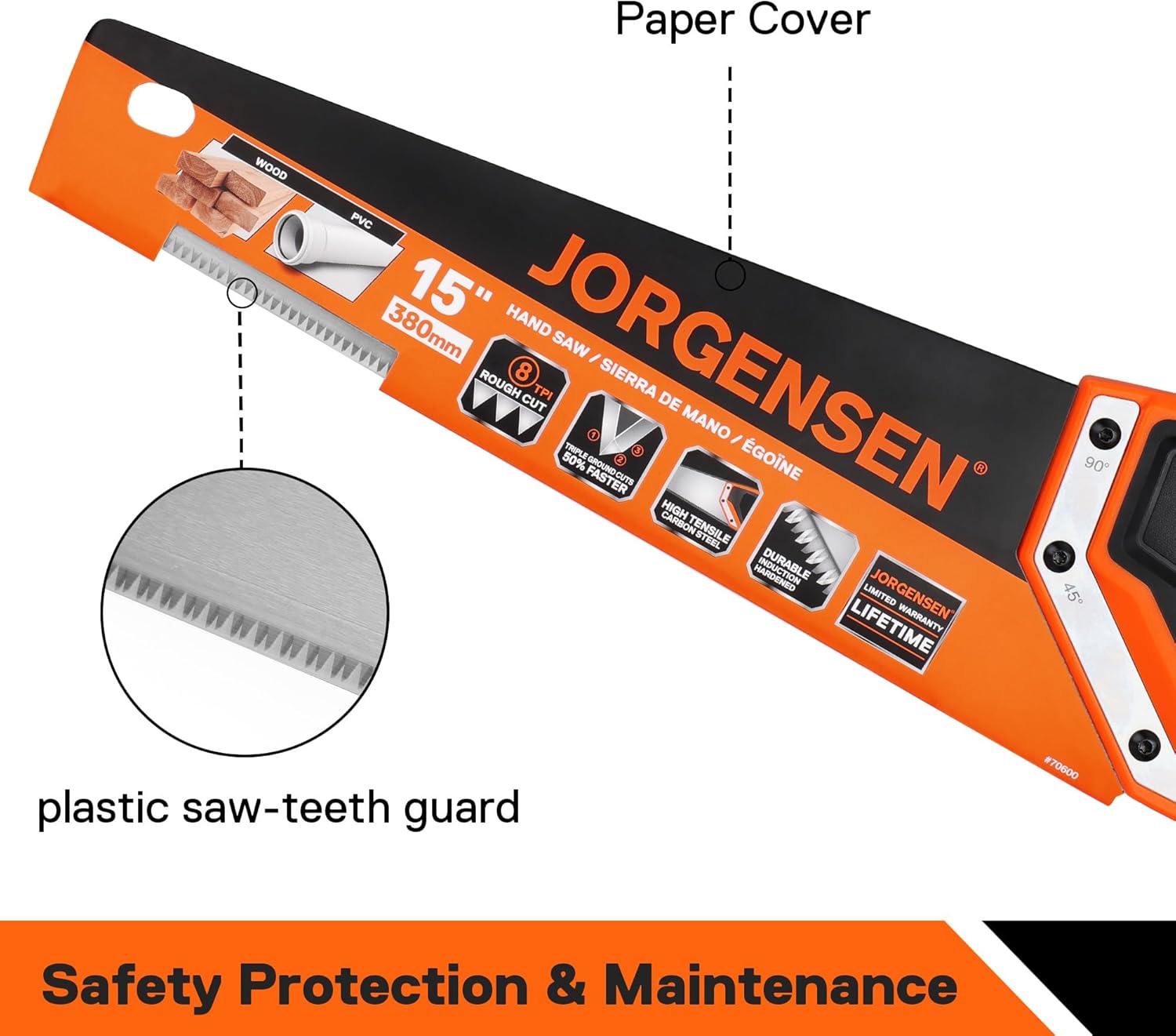 JORGENSEN – Sierra de mano profesional de 15 pulgadas, 8 TPI de corte fino ergonómico antideslizante de aluminio mango de soldadura ultrasónica para