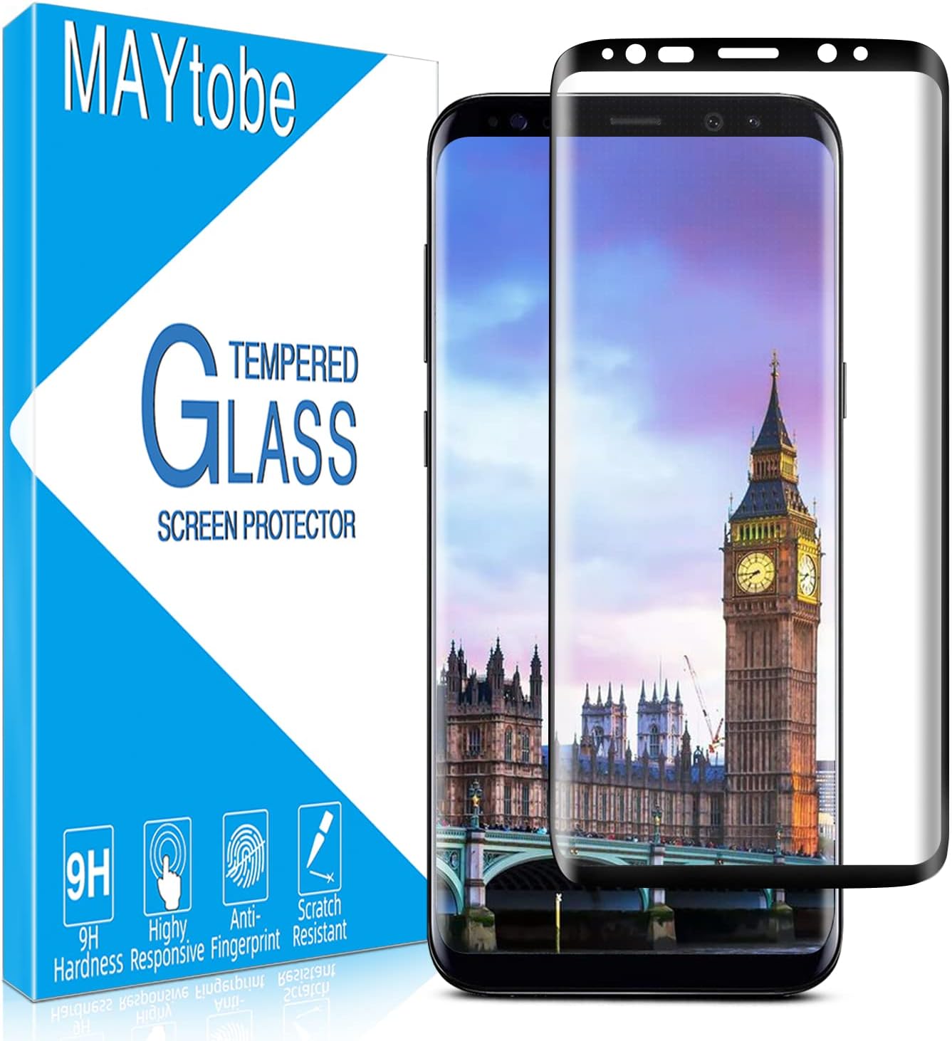 MAYtobe Protector de pantalla de vidrio para Samsung Galaxy S9, vidrio templado curvado 3D, compatible con fundas, antiarañazos, sin burbujas, fácil
