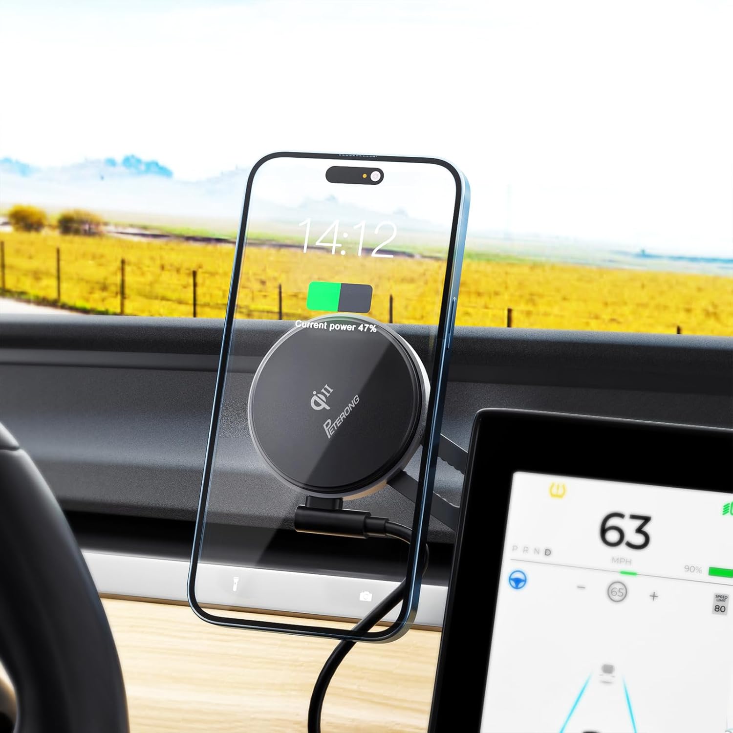 Qi2 Wireless Car Phone Charger Holder Compatible with MagSafe for Tesla Model 3Y, 15W Fast Charging Car Phone Mount Foldable Invisible Cradle Stand