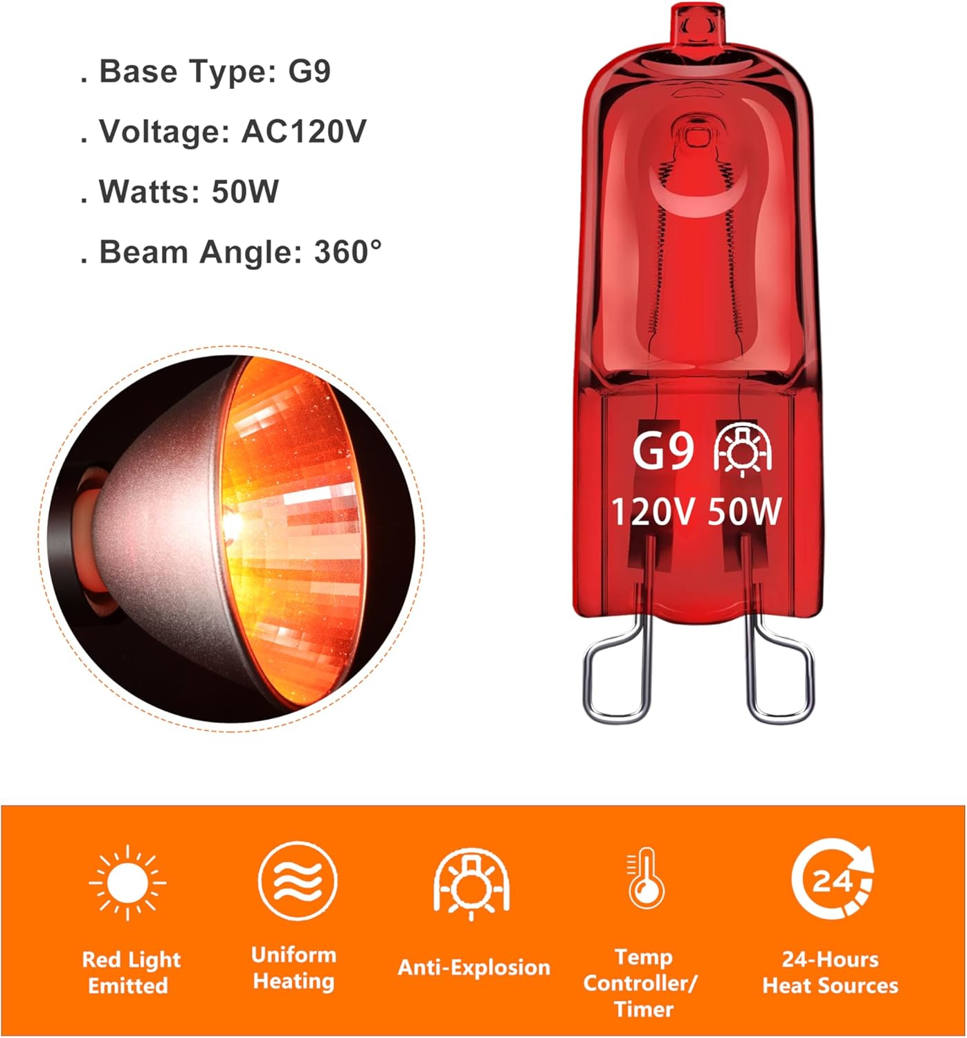Bombilla G9 de 50 W, 120 V, 2 pines, paquete de 3 bombillas de repuesto regulables, color rojo cálido