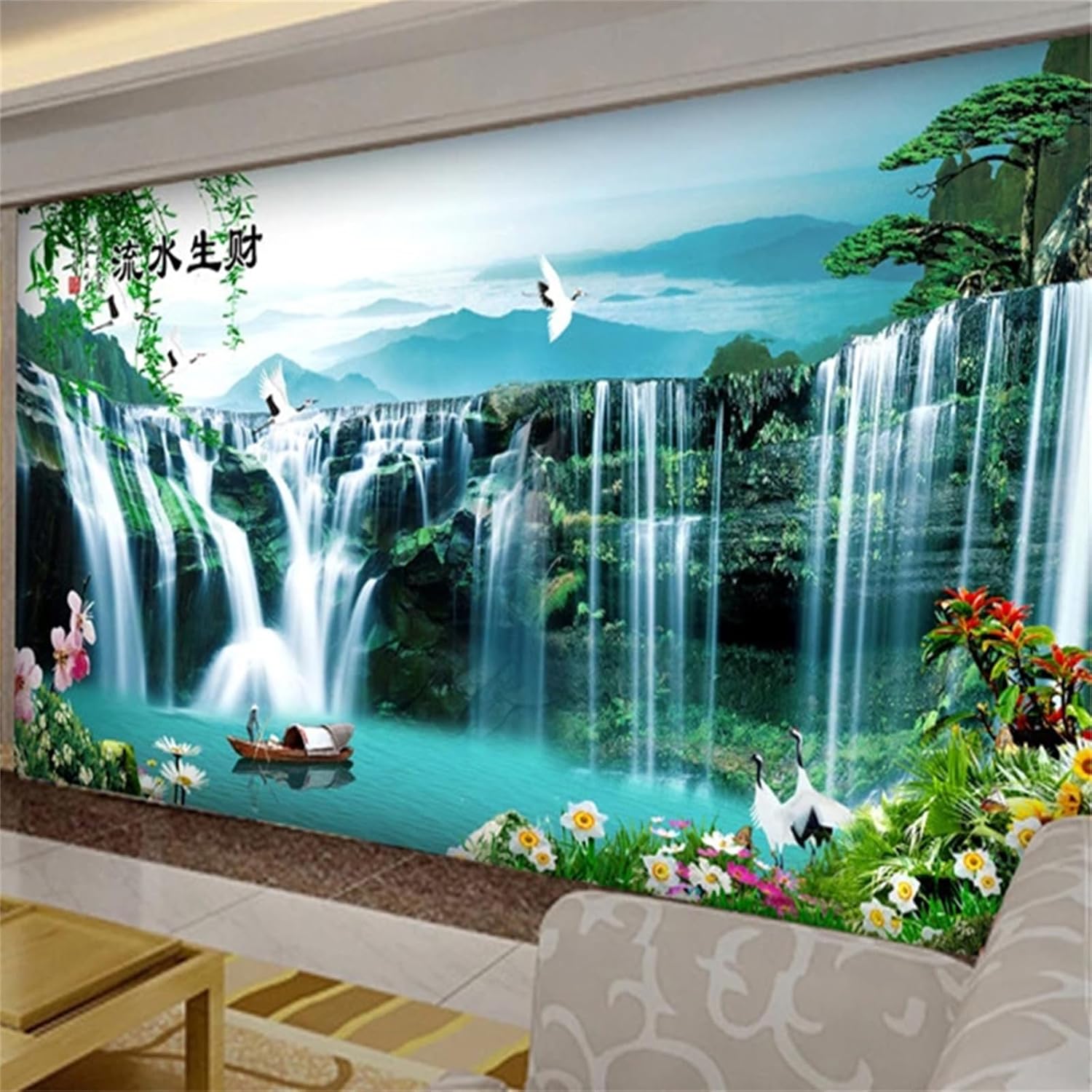 Mural de pared de paisaje natural de cascadas 3D, mural de flores y plantas, calcomanías de pared y murales de estilo chino sin grasa para sala de