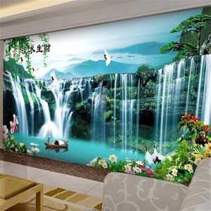 Mural de pared de paisaje natural de cascadas 3D, mural de flores y plantas, calcomanías de pared y murales de estilo chino sin grasa para sala de Mural de pared de paisaje natural de cascadas 3D, mural de flores y plantas, calcomanías de pared y murales de estilo chino sin grasa para sala de