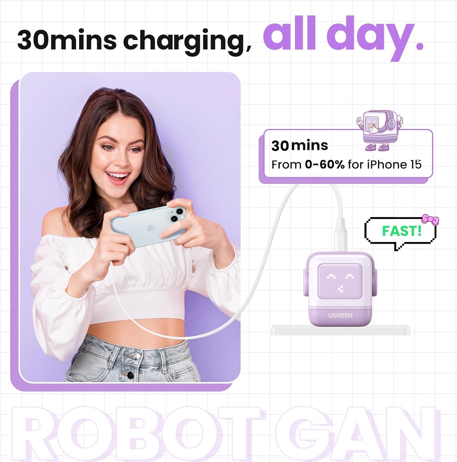UGREEN Cargador USB C RG de 30 W, Nexode Robot GaN Bloque de cargador rápido, adaptador de corriente de cargador de pared compacto para iPhone 15