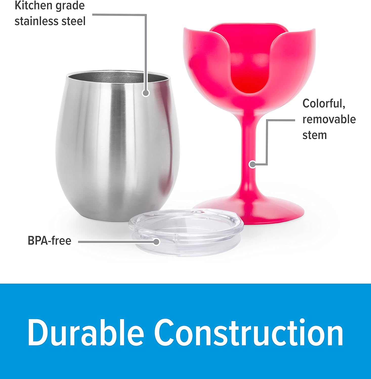 Camco Life is Better at The Campsite – Vaso de vino  Aislamiento al vacío de doble pared resistente  Hecho de acero inoxidable 188  Tallos