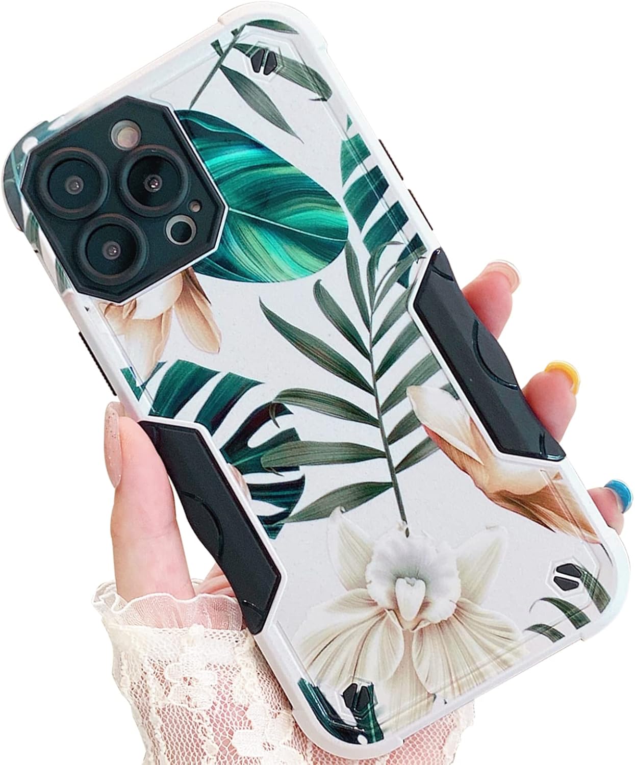 Hosgor Funda para iPhone 13 Pro para mujer, funda de cámara con purpurina brillante para diseño de flores, suave, resistente, híbrida, protectora, a