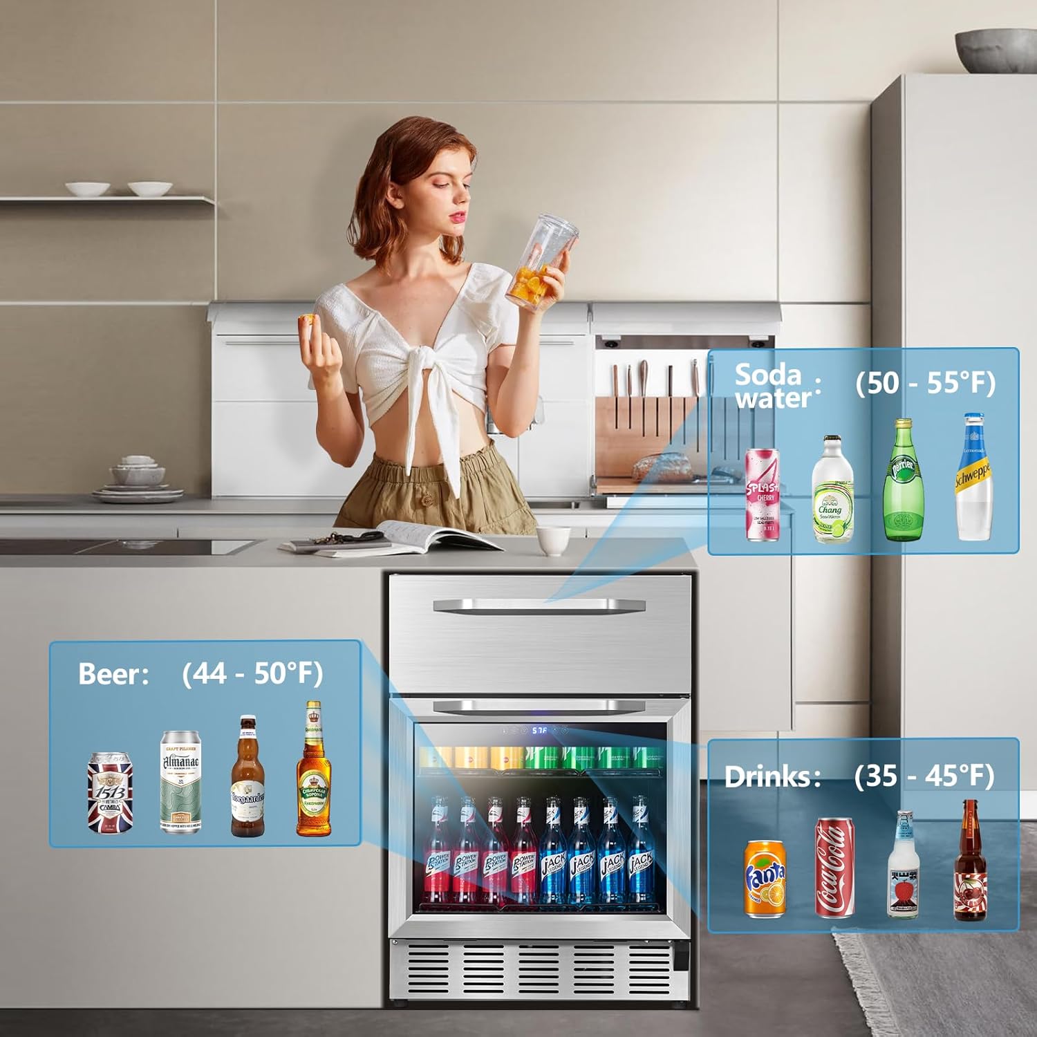 Karcassin Refrigerador de bebidas 2 en 1 de acero inoxidable para interiores de 24 pulgadas, con pantalla digital para uso doméstico y comercial