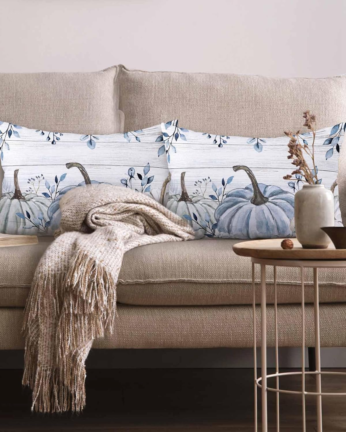 Cotton Throw Pillow Covers Reversible Set of 2, Pumpkin Blue Tree Leaves Floral Fall Soft Couch Pillow Covers for Sofa Bedroom Living Room 12 x 20