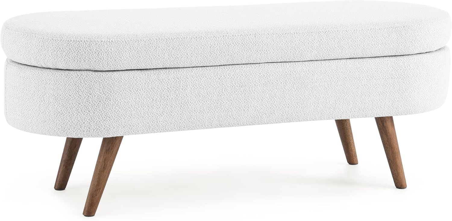 Linen Upholstery Tufted Storage Bench Ottoman for End of Bed Home Entryway Living Space, Soft Padded Oval Storage&Bench Footstool with Rubber Wood