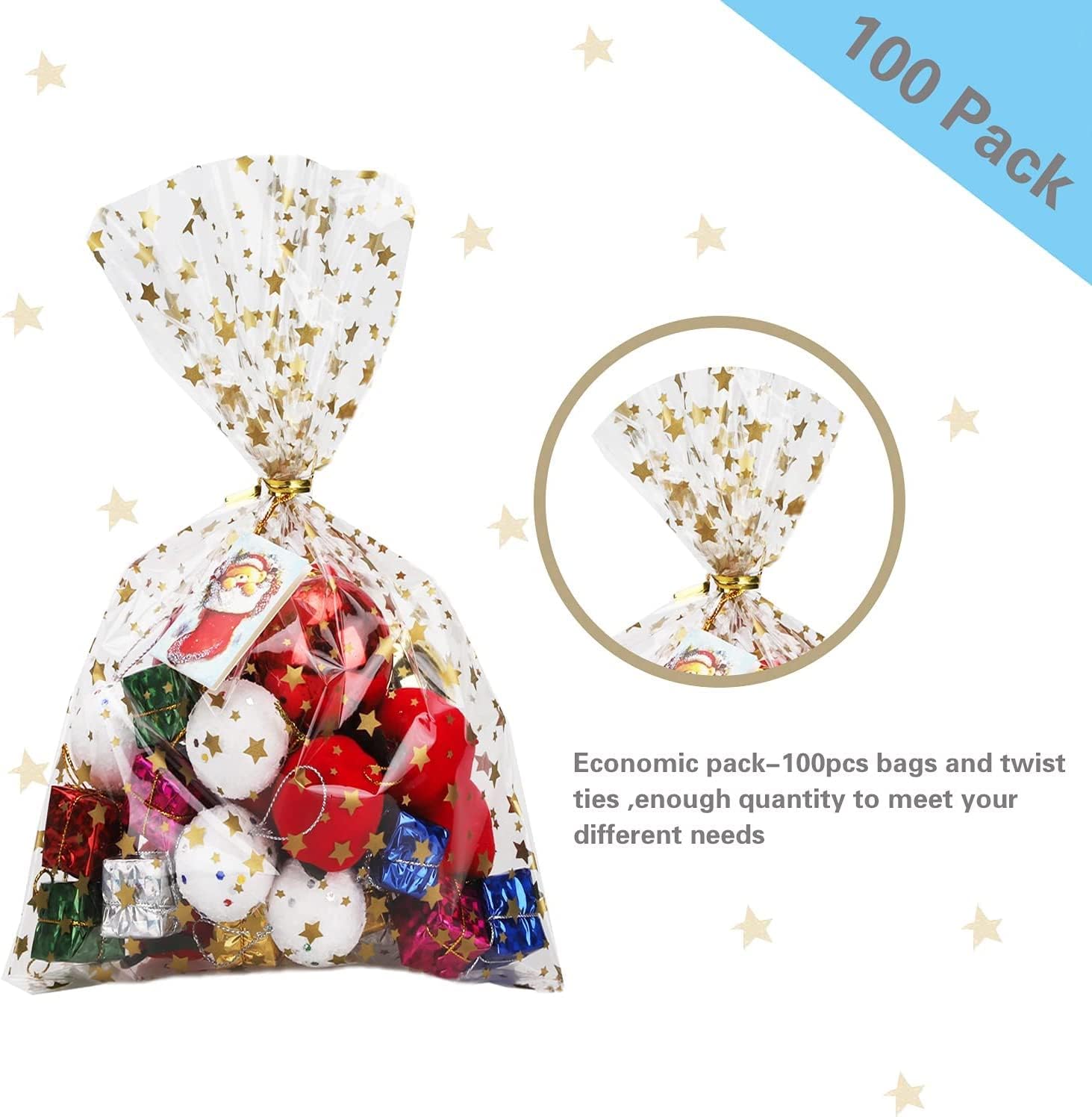 COQOFA 200 bolsas de regalo con estampado de estrellas de 4 x 9 pulgadas, bolsas de celofán para regalo, bolsas de regalo de fiesta, bolsas