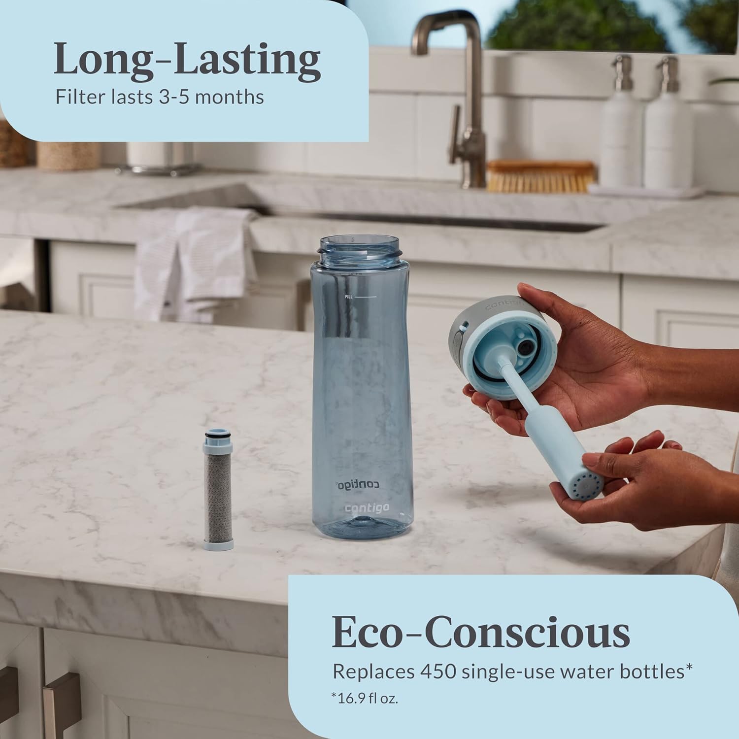 Contigo Wells – Botella de agua con filtro de plástico con tapa de popote a prueba de fugas y filtro de repuesto, botella de agua reutilizable de 24