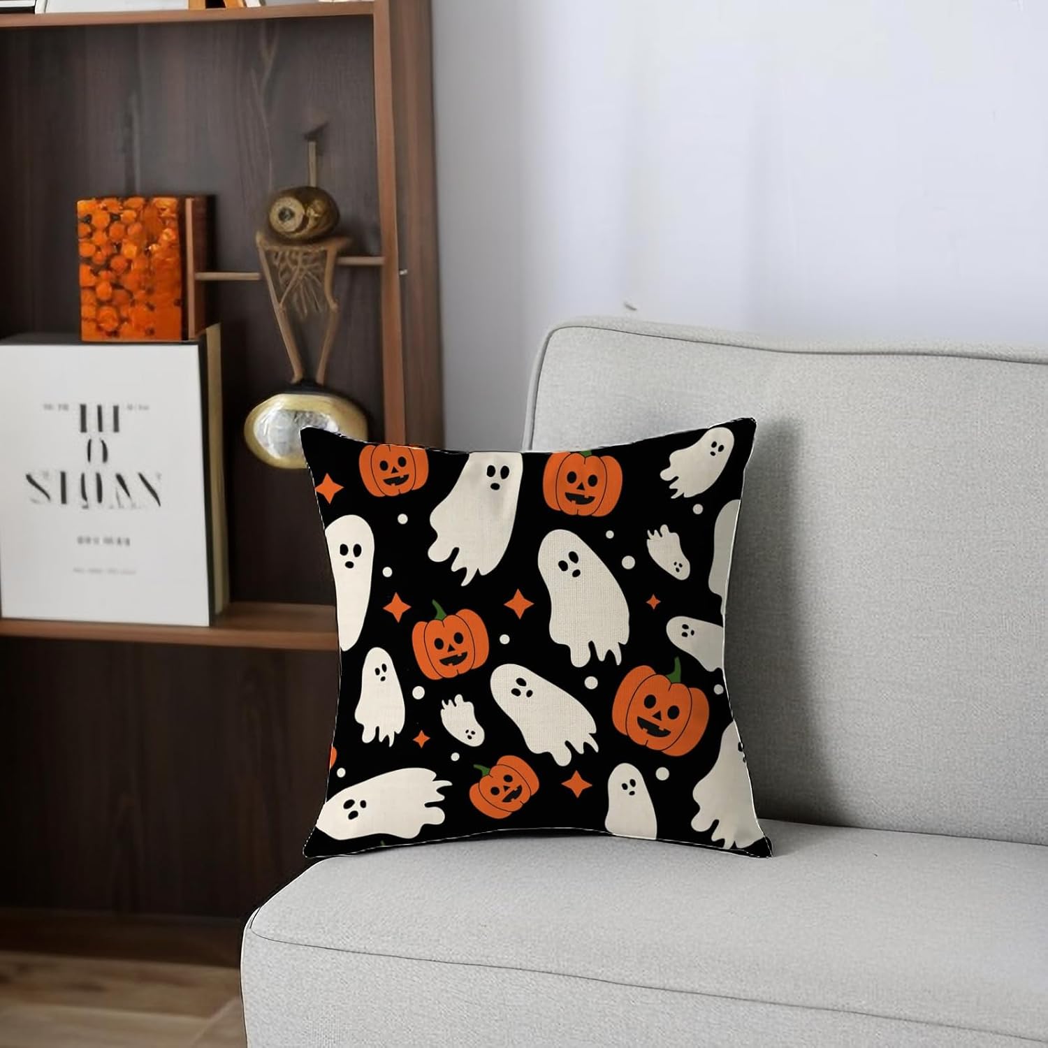 Aitukang Juego de 2 fundas de almohada de Halloween de 16 x 16 pulgadas, diseño de calabaza, fantasma, estrellas, para exteriores, para el hogar,