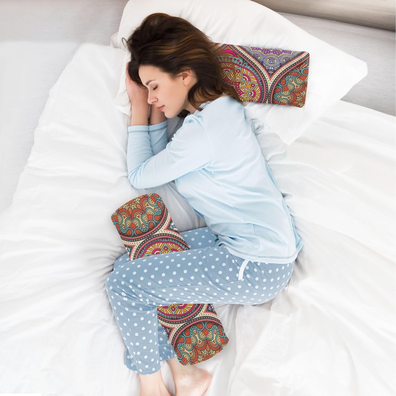 Kigai Almohada cervical para aliviar el dolor de cuello, mandala bohemio, rollo de espuma viscoelástica, almohada cervical redonda para piernas,