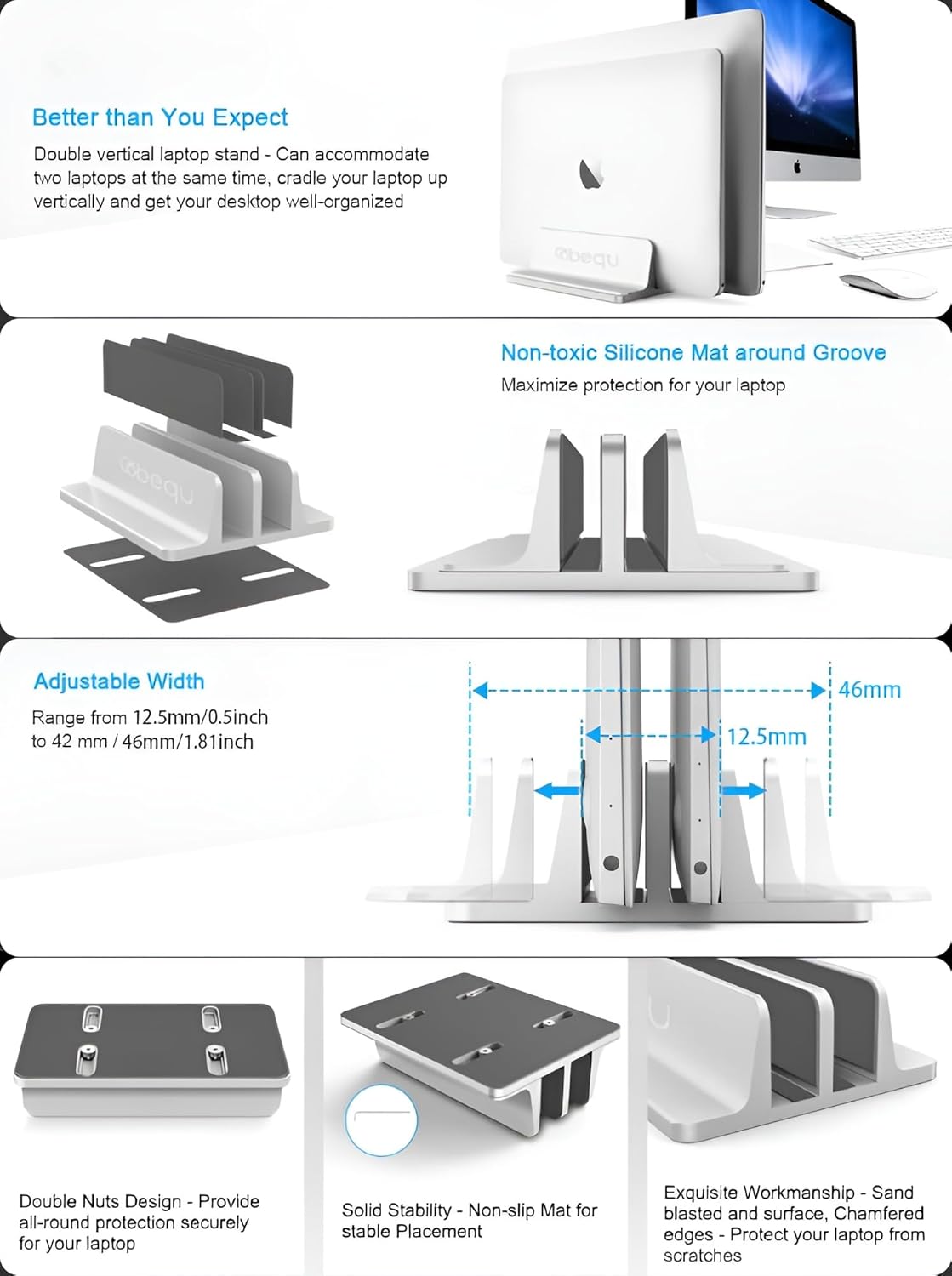 Soporte vertical para portátil de 2 ranuras (plateado), aluminio resistente, almohadilla de silicona antideslizante, ajustable, se adapta a todos