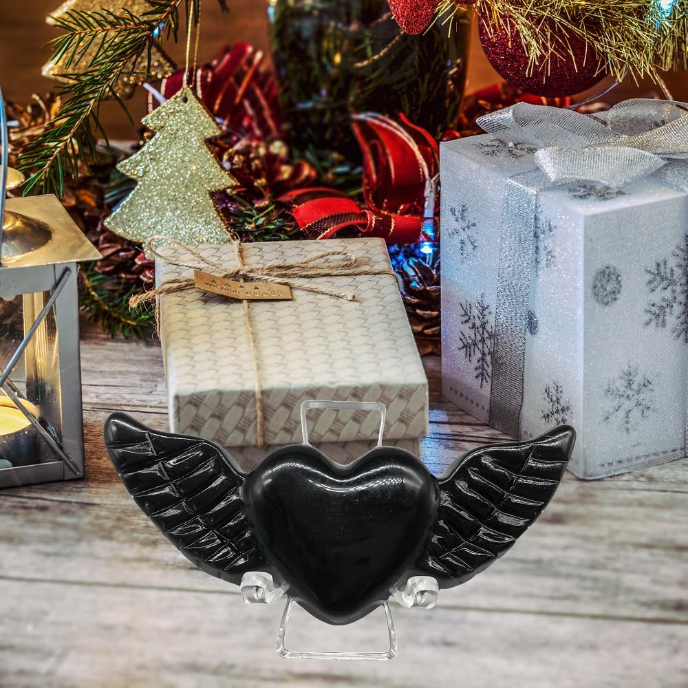 Corazón de cristal de obsidiana con alas Tallas de cristal de obsidiana negra Piedras en forma de corazón Piedra de cristal de corazón