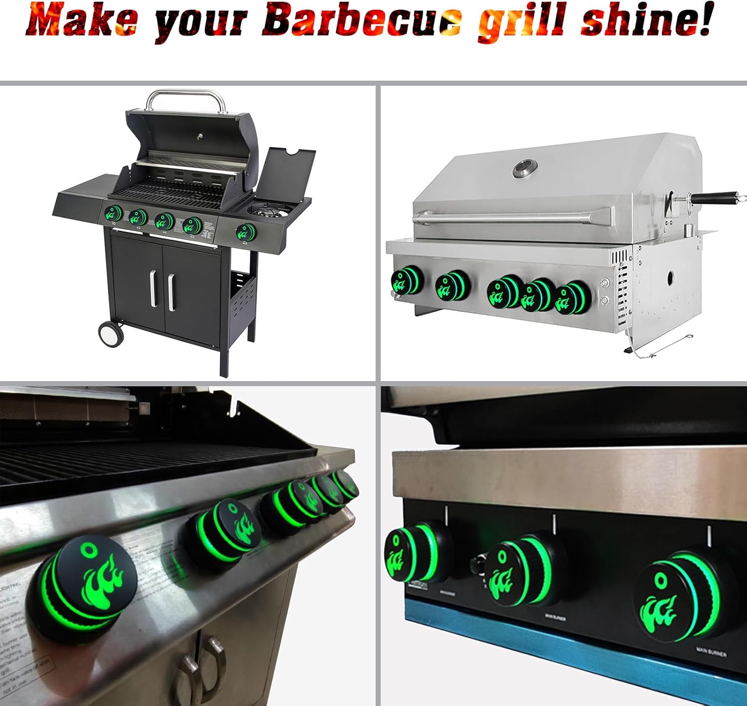 FIREACOKE Perillas de control LED para parrilla, paquete de 4 perillas de repuesto estilo llama para parrillas de gas, se adapta a vástago de