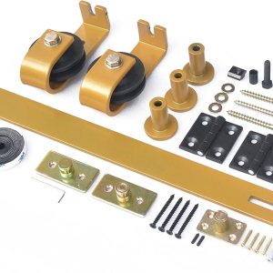 Herrajes para puerta corrediza de granero plegable de 38-316 pulgadas para dos puertas de 18 pulgadas, rodillo de montaje superior, color amarillo Herrajes para puerta corrediza de granero plegable de 38-316 pulgadas para dos puertas de 18 pulgadas, rodillo de montaje superior, color amarillo