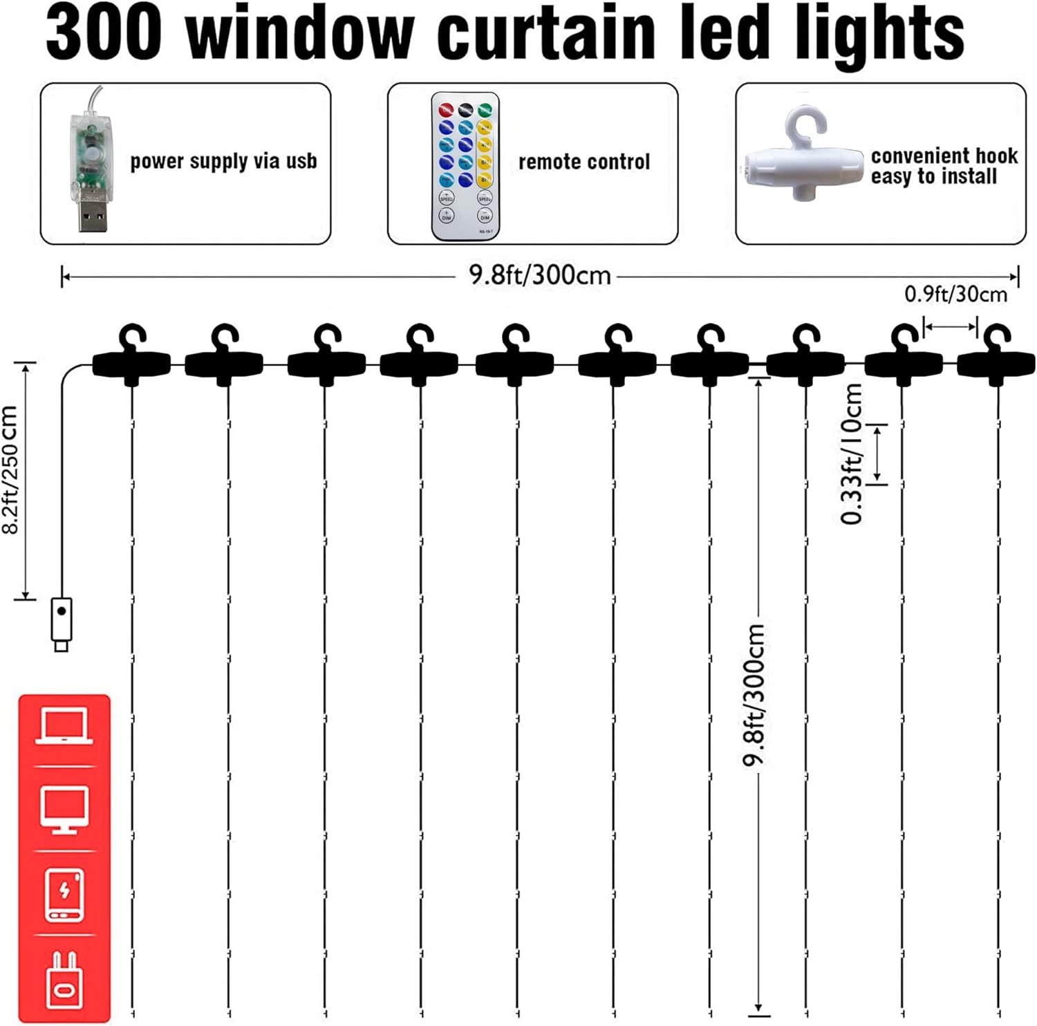 Dazzle Bright Guirnalda de luces para cortina de ventana, 300 LED de 9.8 x 9.8 pies, luces de hadas multicolor con 8 modos de iluminación, luces