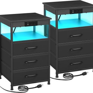 Juego de 2 mesitas de noche LED con estación de carga, mesas auxiliares con puerto USB C y tomas, mesita de noche con 3 cajones de tela de Juego de 2 mesitas de noche LED con estación de carga, mesas auxiliares con puerto USB C y tomas, mesita de noche con 3 cajones de tela de