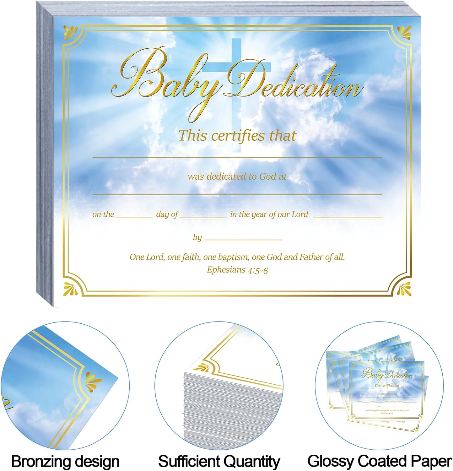 Qilery 100 certificados de dedicación para bebés, certificados de bautismo recubiertos a todo color para regalos de bautizo de iglesia y bebé (cruz