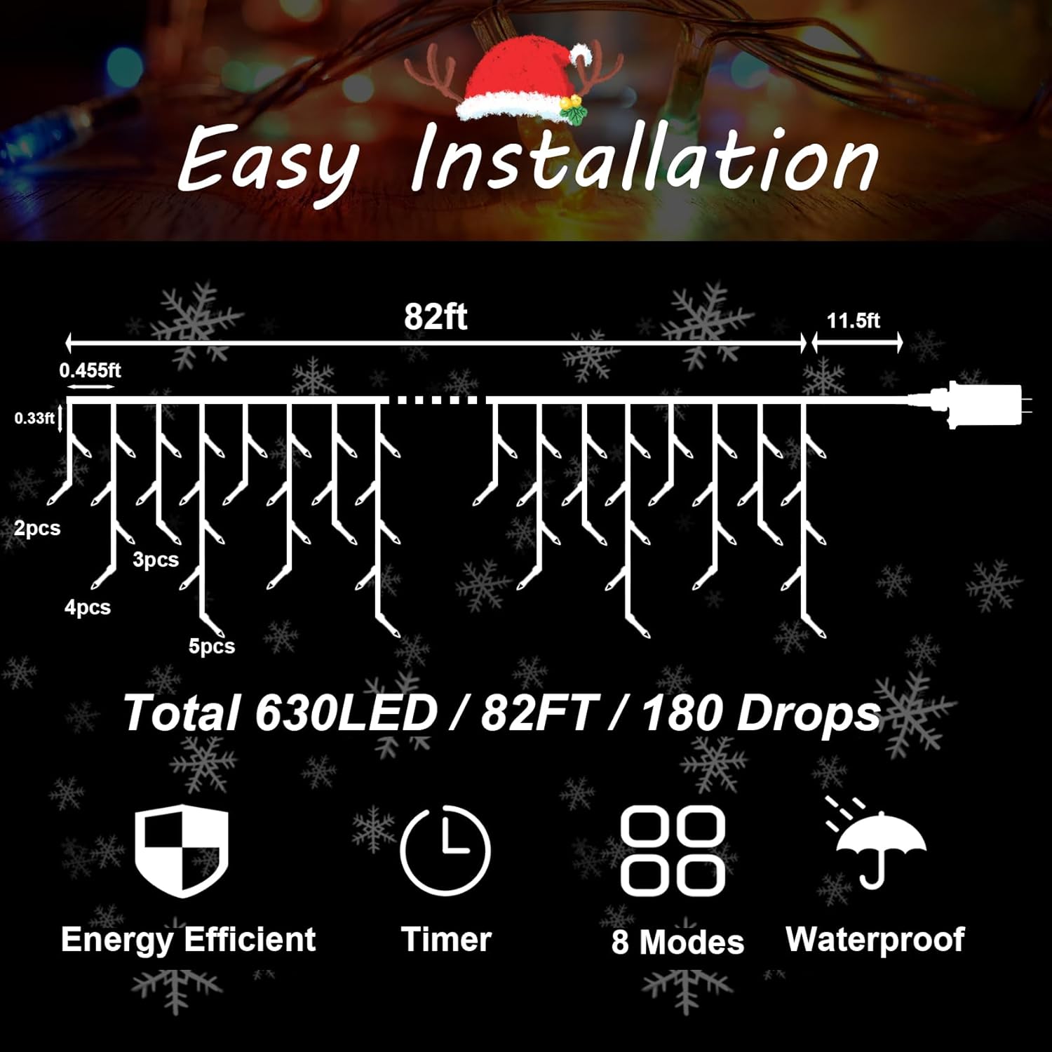 Aiouyidi Luces de Navidad para decoración al aire libre, 82 pies, 180 tiras, cortina de luces de hadas, 8 modos de enchufe, 630 LED, temporizador