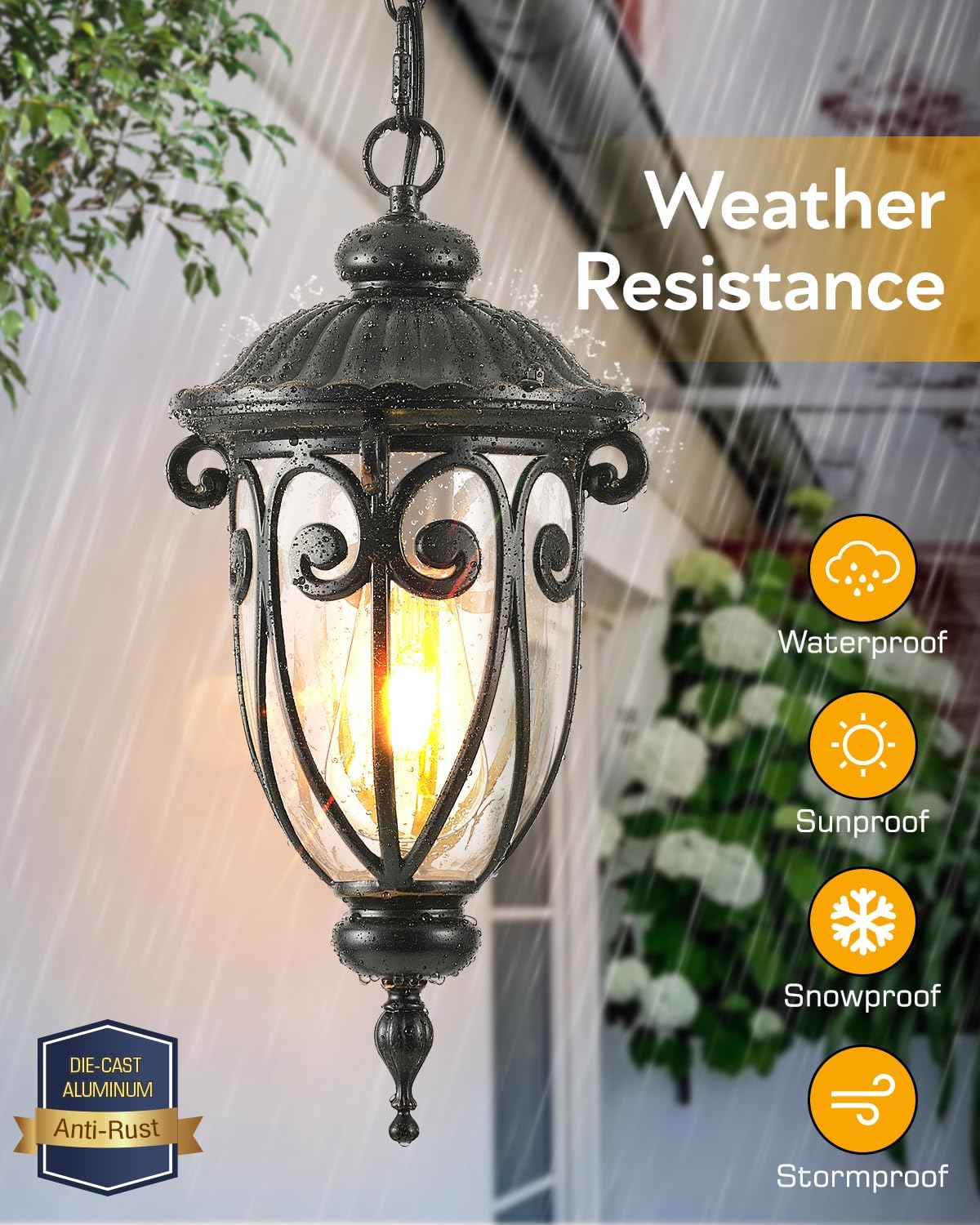 VIANIS Farol colgante para exteriores, lámpara de araña al aire libre de granja, luces colgantes vintage al aire libre con vidrio semilla, luces de