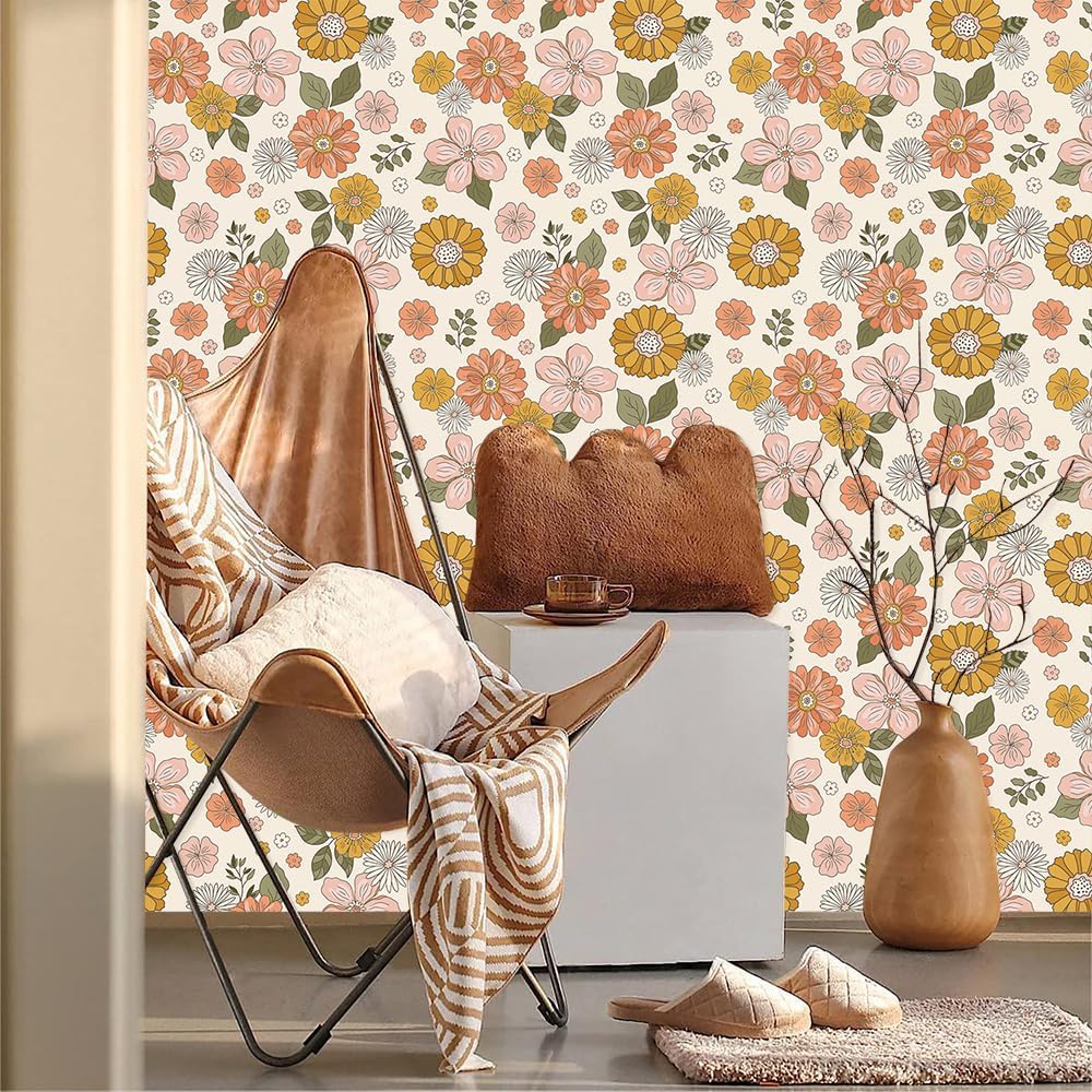 Papel tapiz bohemio naranjacrema con margaritas florales para despegar y pegar, fácil de despegar, vintage, autoadhesivo, extraíble, para armario de