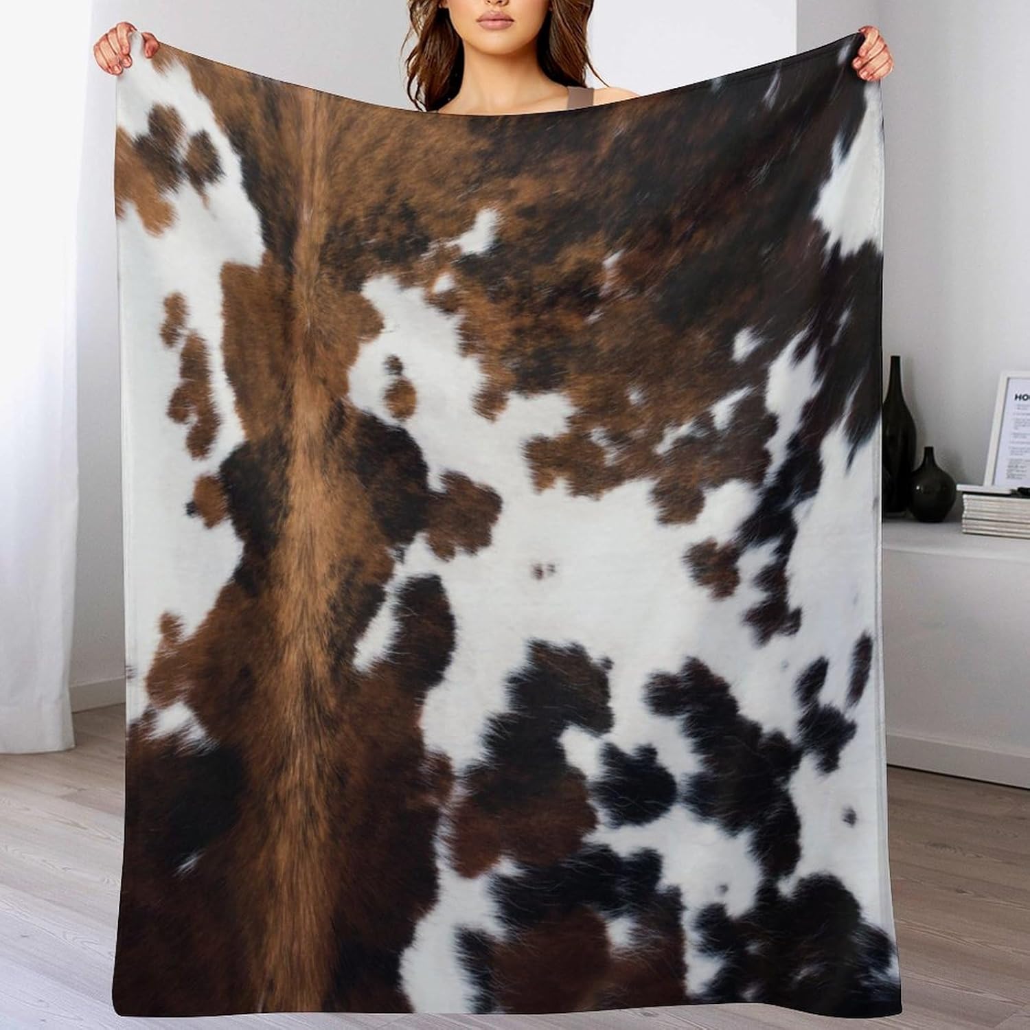 Manta de forro polar con estampado de vaca, piel de vaca marrón y blanca, estilo rústico occidental, para todas las estaciones, franela suave y
