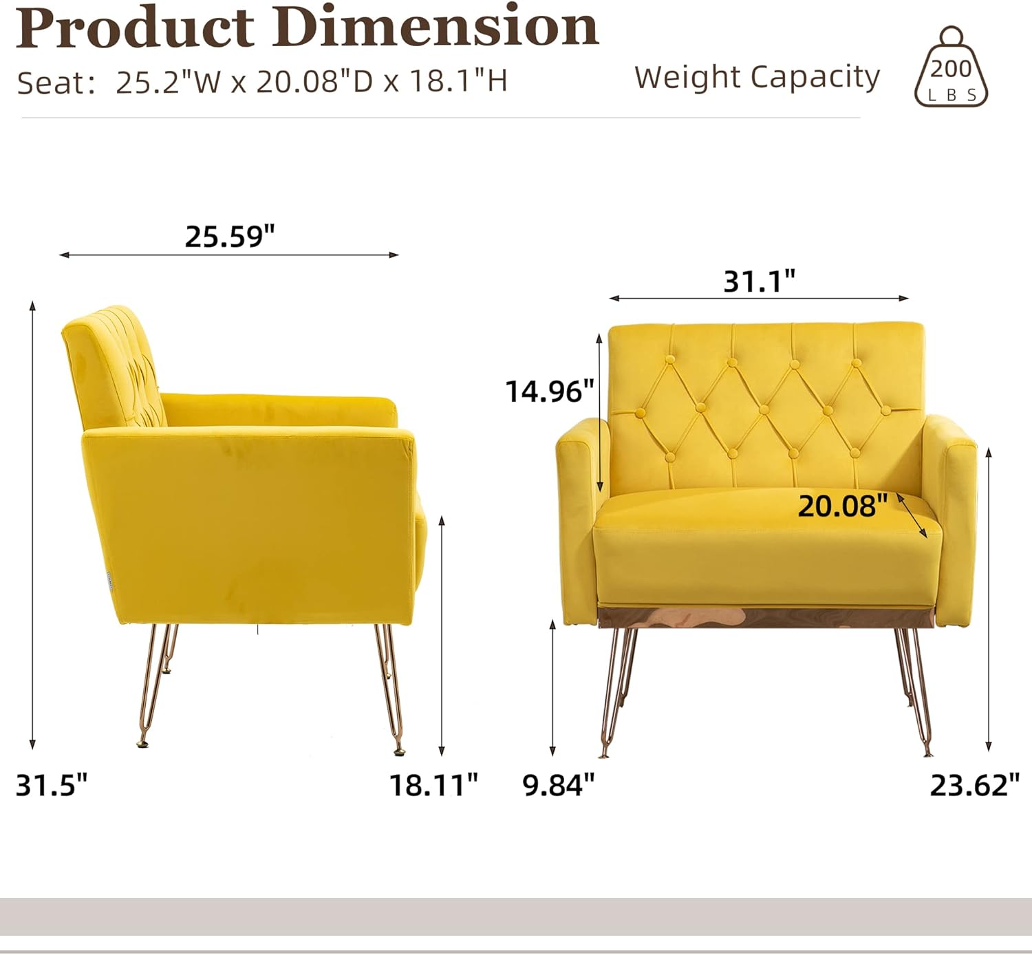 Olela Juego de 2 sillas decorativas, sofá individual de terciopelo, sillas de lectura laterales tapizadas modernas con brazo y patas de metal dorado