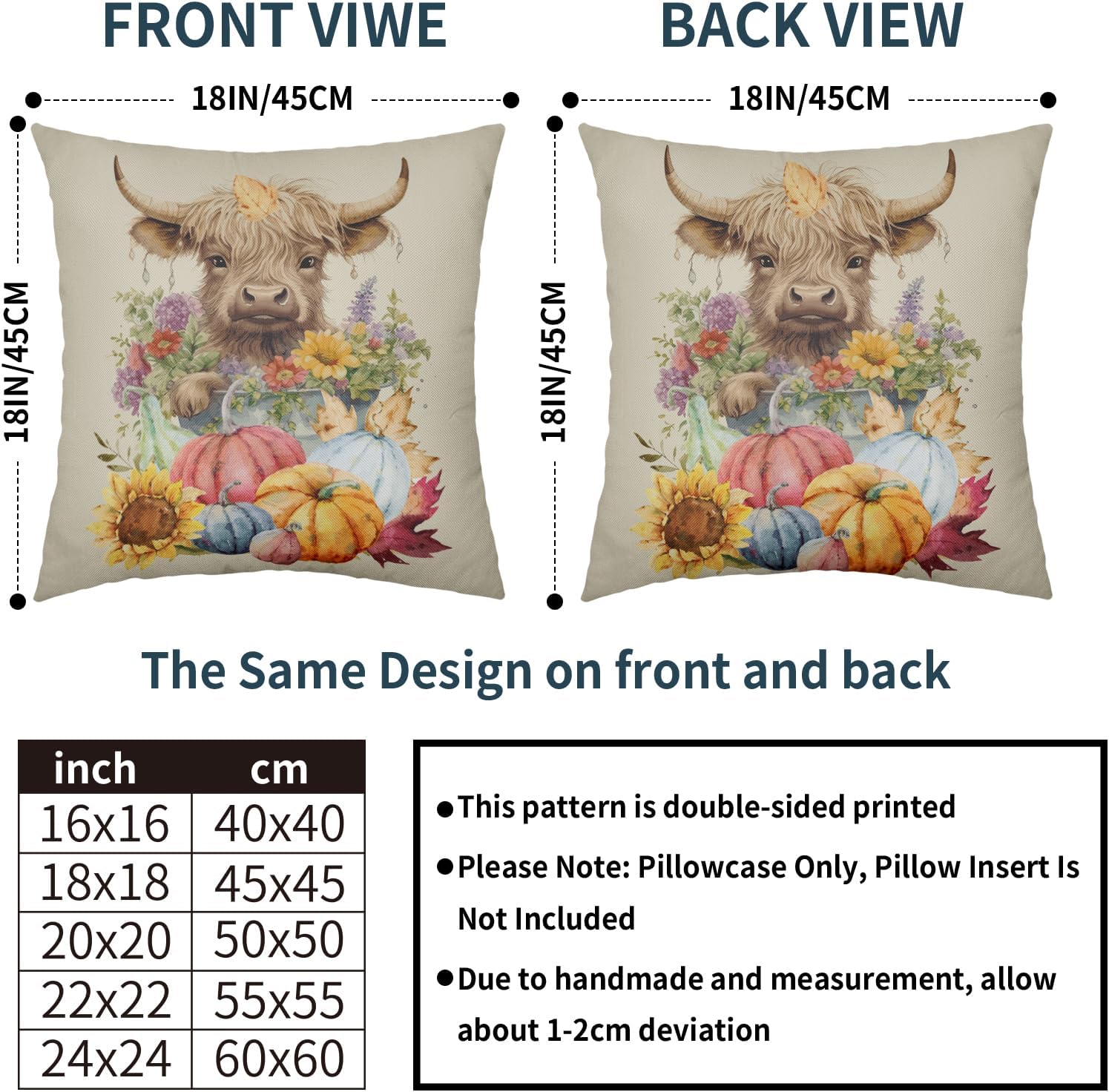 Juego de 2 fundas de almohada de otoño de 18 x 18 pulgadas, diseño colorido de calabaza, girasol, vaca, para exteriores, para Acción de Gracias,